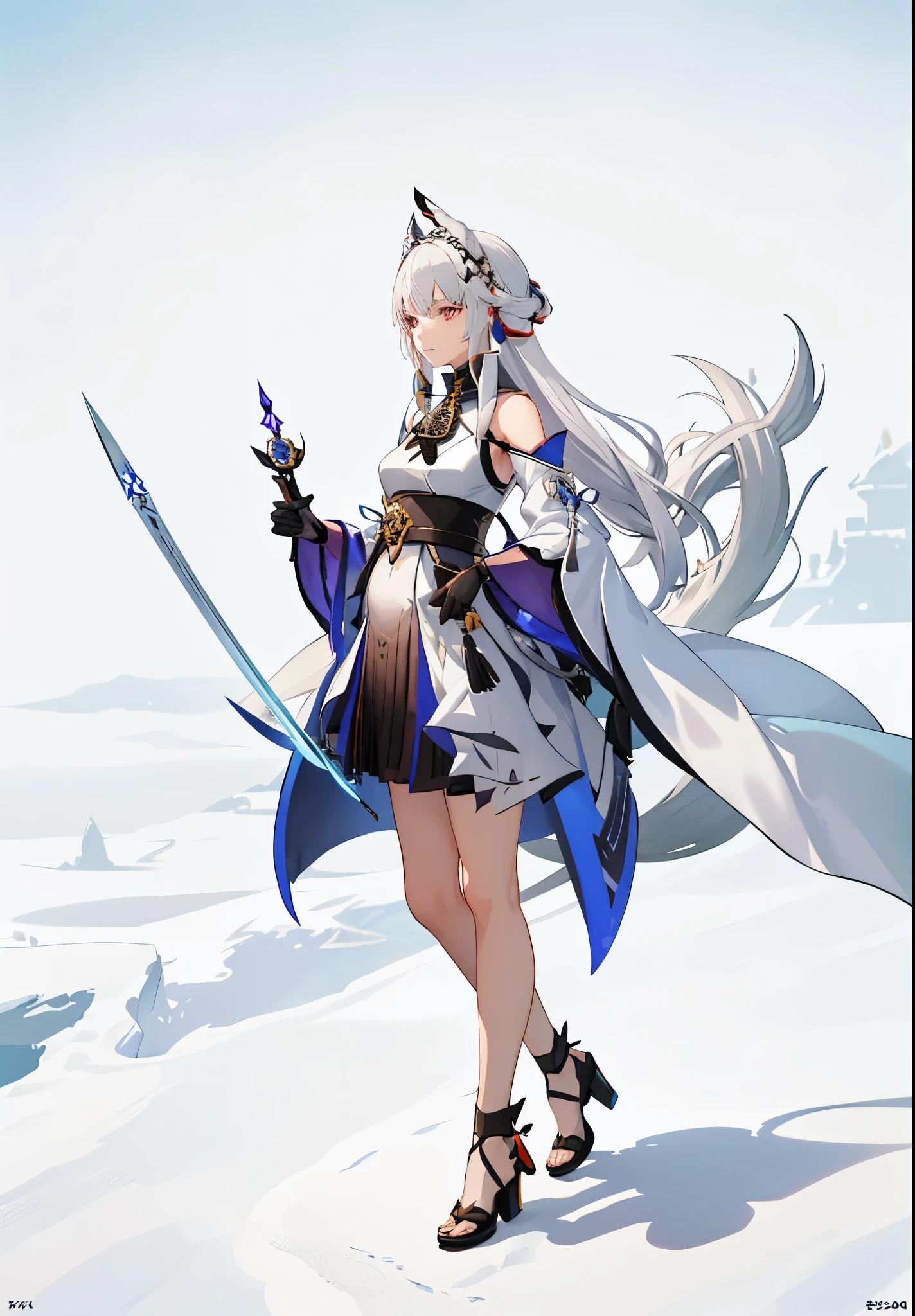 a woman in a dress holding a dagger and a dagger, video game character, from arknights, fox nobushi holding a dagger, hajime yatate, keqing from genshin impact, white haired deity, with small sword, ayaka genshin impact, female action anime girl, official character art, anime character, pregnant anime girl, fetus