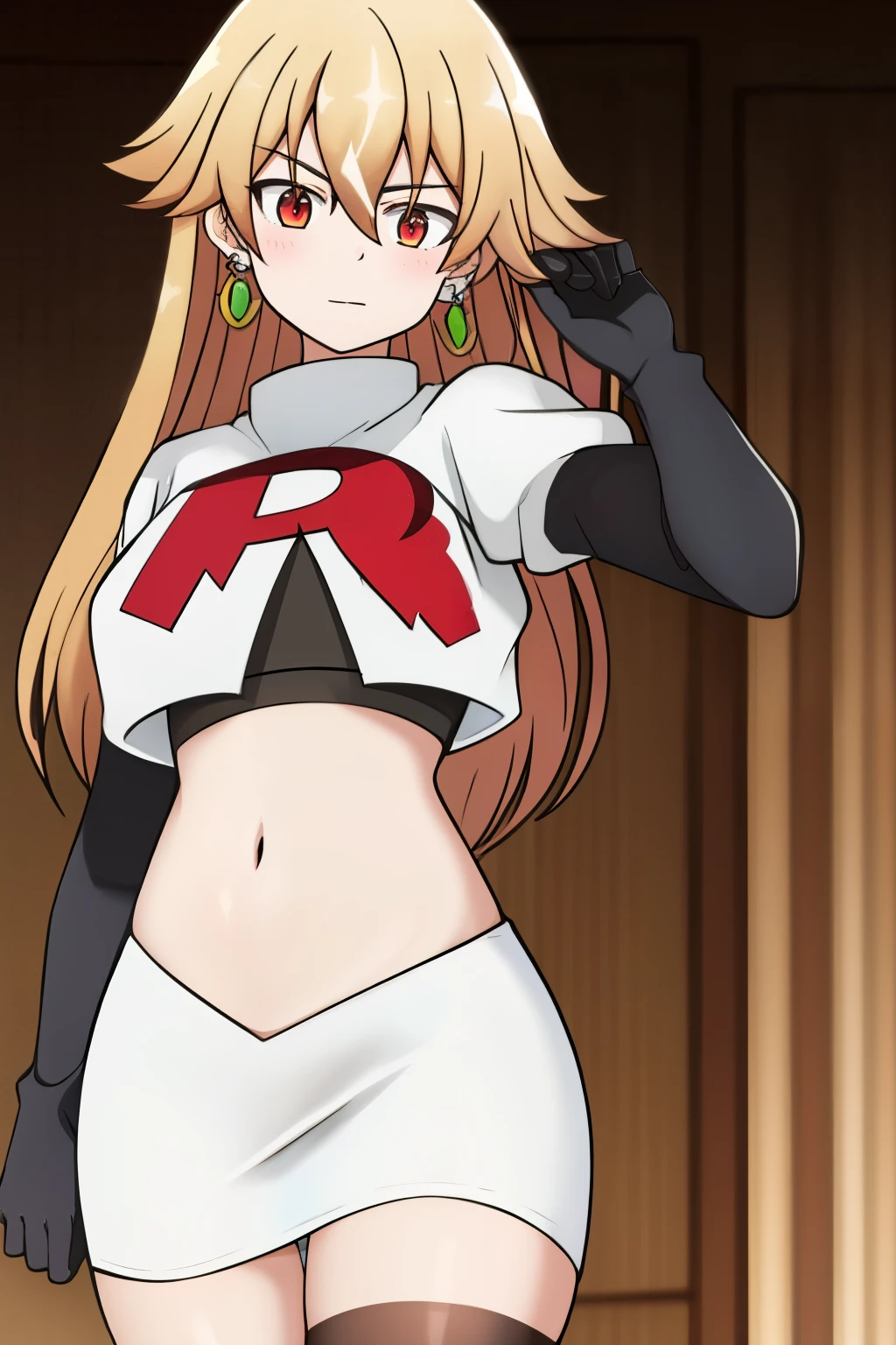 hulemy, 1girl, solo, long_hair, looking_at_viewer, blush, bangs, blonde_hair, brown_hair, red_eyes, hair_between_eyes, jewelry, very_long_hair, earrings, stud_earrings, team rocket,team rocket uniform,white skirt,crop top,black thigh-highs,black elbow gloves