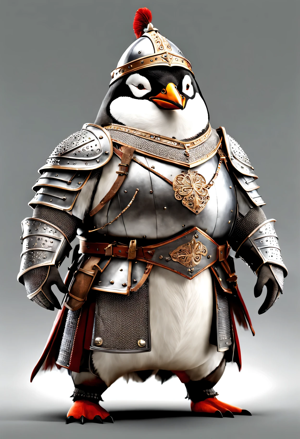 photorealistic portrait of Dressed animals - a ((fat)) penguin warrior,(brave pose), high quality,(lovely) ,intricate details, highly detailed ((medieval armor and helmet)) ,,highly detailed decorations, , (brave), studio lighting,(full body image:1.5)