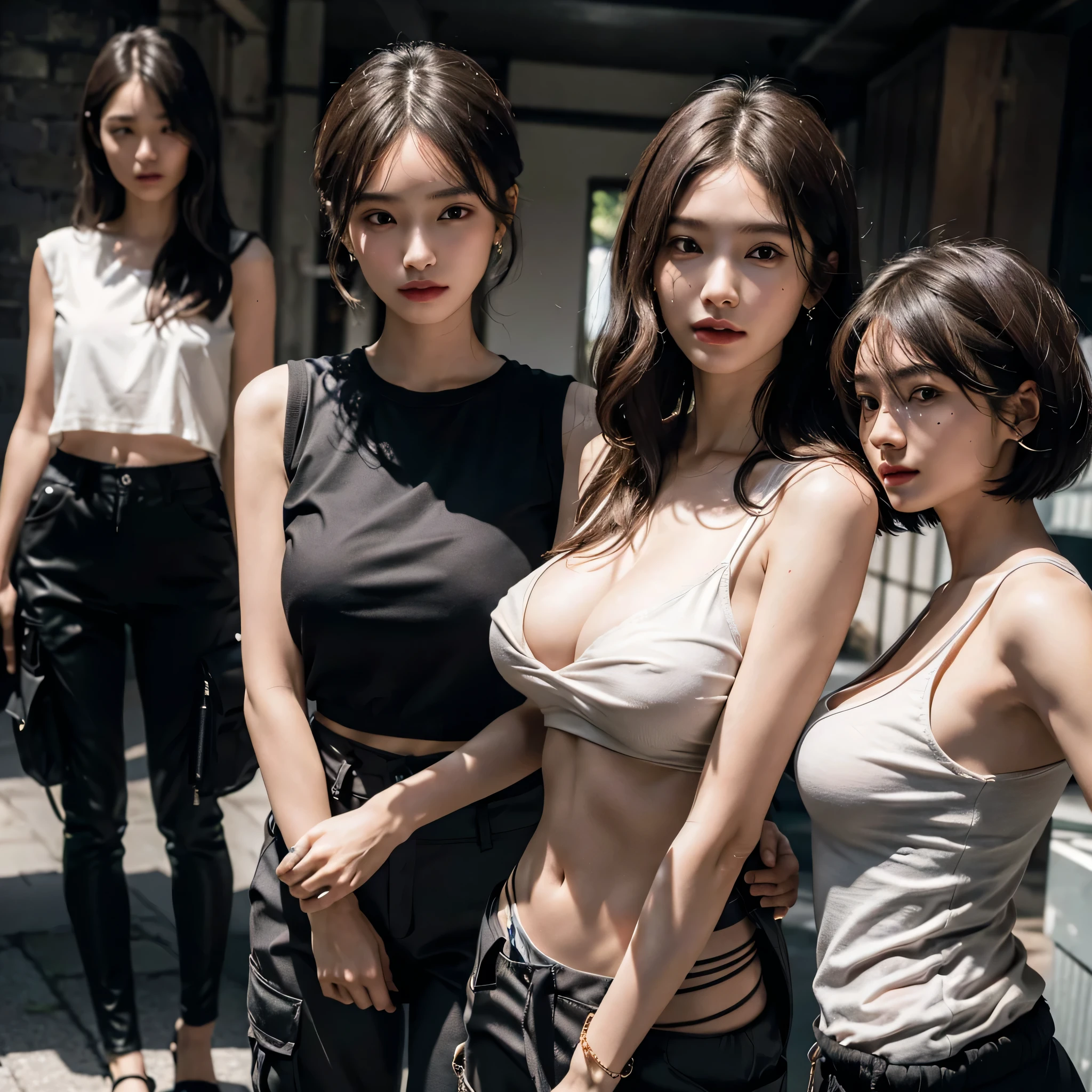 disorganized, RAW photo, very delicate and beautiful, masterpiece, highest quality, ultra high resolution, 16k, surreal, super detailed, perfect anatomy, super dense skin, perfect figure, Highly detailed CG 8k wallpaper, 20's, very slim body, (tight waist:1.2), very small head, very small face, delicate features, tearful mole, earrings, thin legs, (very huge round breasts:1.2), (3 girls:1.2), full body shot, short hair, wavy hair, (shirt:1.2), (cargo pants:1.2), No sleeve,