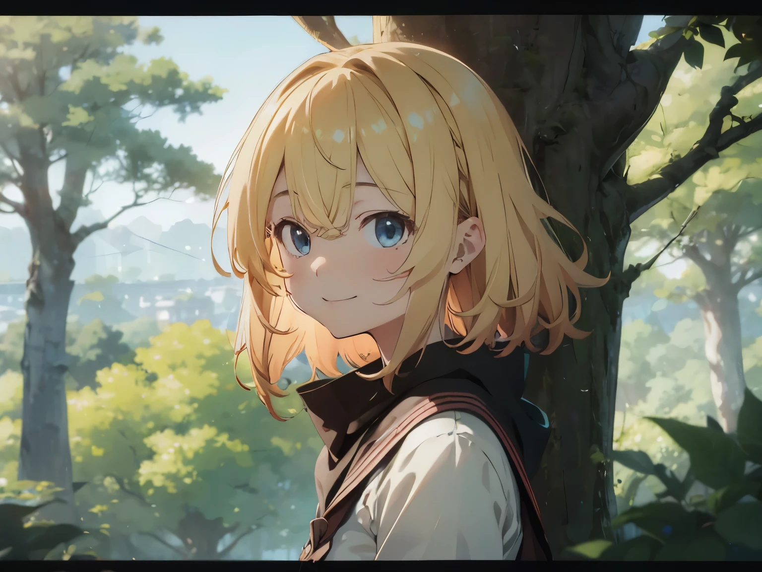 (highres,realistic:1.2),anime style girl,blonde hair,mischievous personality,playful expression,blue eyes,detailed eyes and face,cute smile,treehouse on a forest,top of the treehouse,looking to the horizon,peaceful atmosphere,sunlight filtering through the trees,lush green foliage,golden sunlight,calm and serene setting,vibrant colors,leaves rustling in the wind,birds chirping in the background. Mami nanami lookalike.