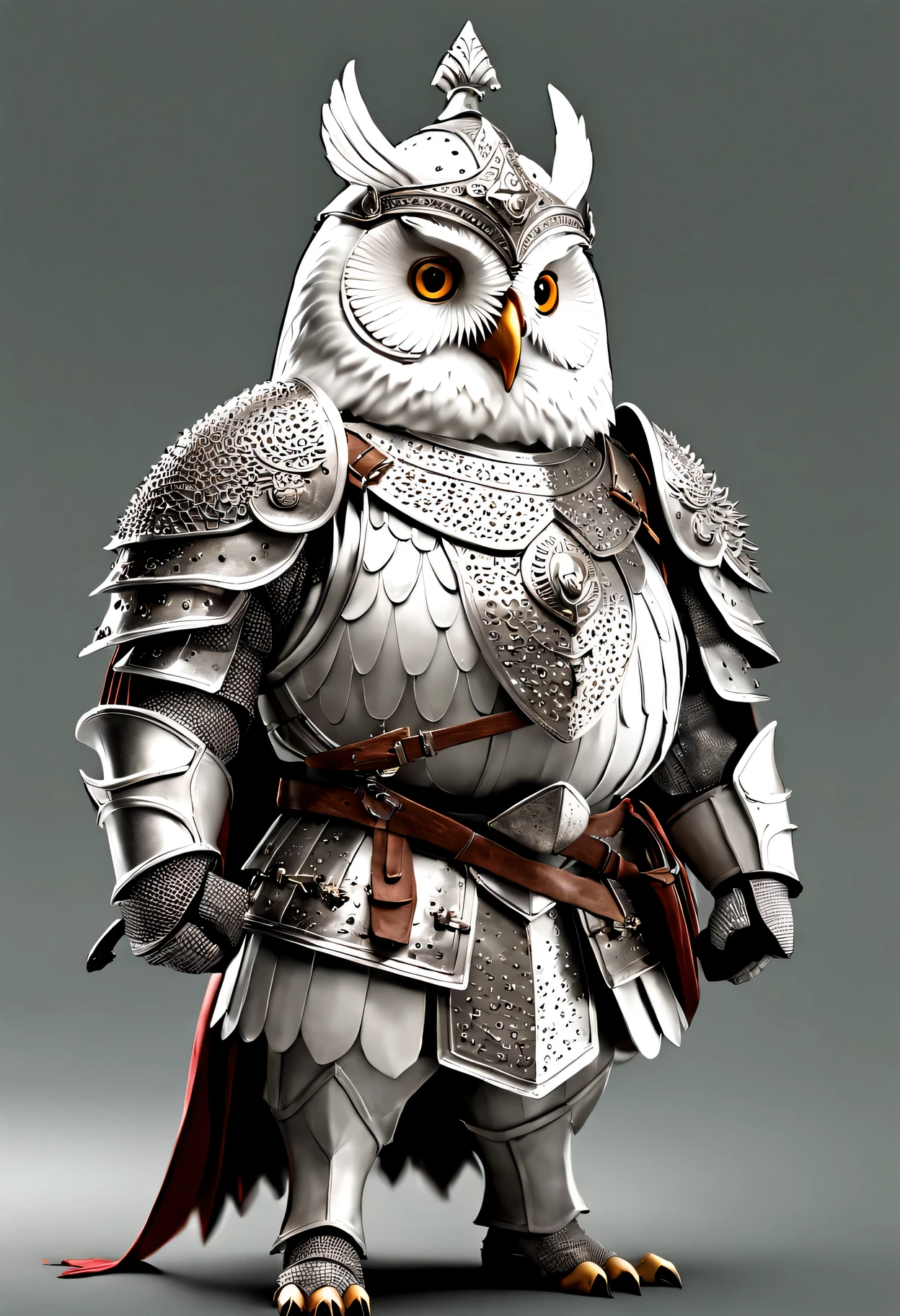 photorealistic portrait of Dressed animals - a ((fat)) white owl warrior,(brave pose), high quality,(lovely) ,intricate details, highly detailed ((medieval armor and helmet)) ,,highly detailed decorations, , (brave), studio lighting,(full body image:1.5)