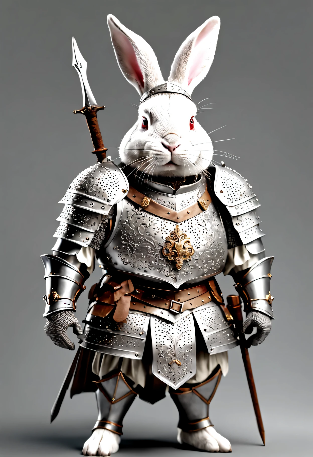 photorealistic portrait of Dressed animals - a ((fat)) white rabbit warrior,(brave pose), high quality,(lovely) ,intricate details, highly detailed ((medieval armor and helmet)) ,,highly detailed decorations, , (brave), studio lighting,(full body image:1.5)