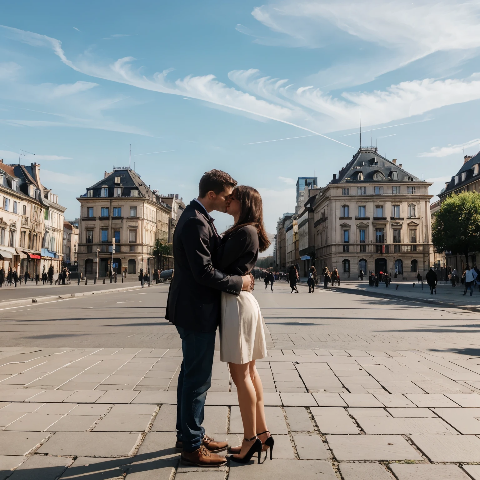 Arafed couple kissing in a city square in france - SeaArt AI