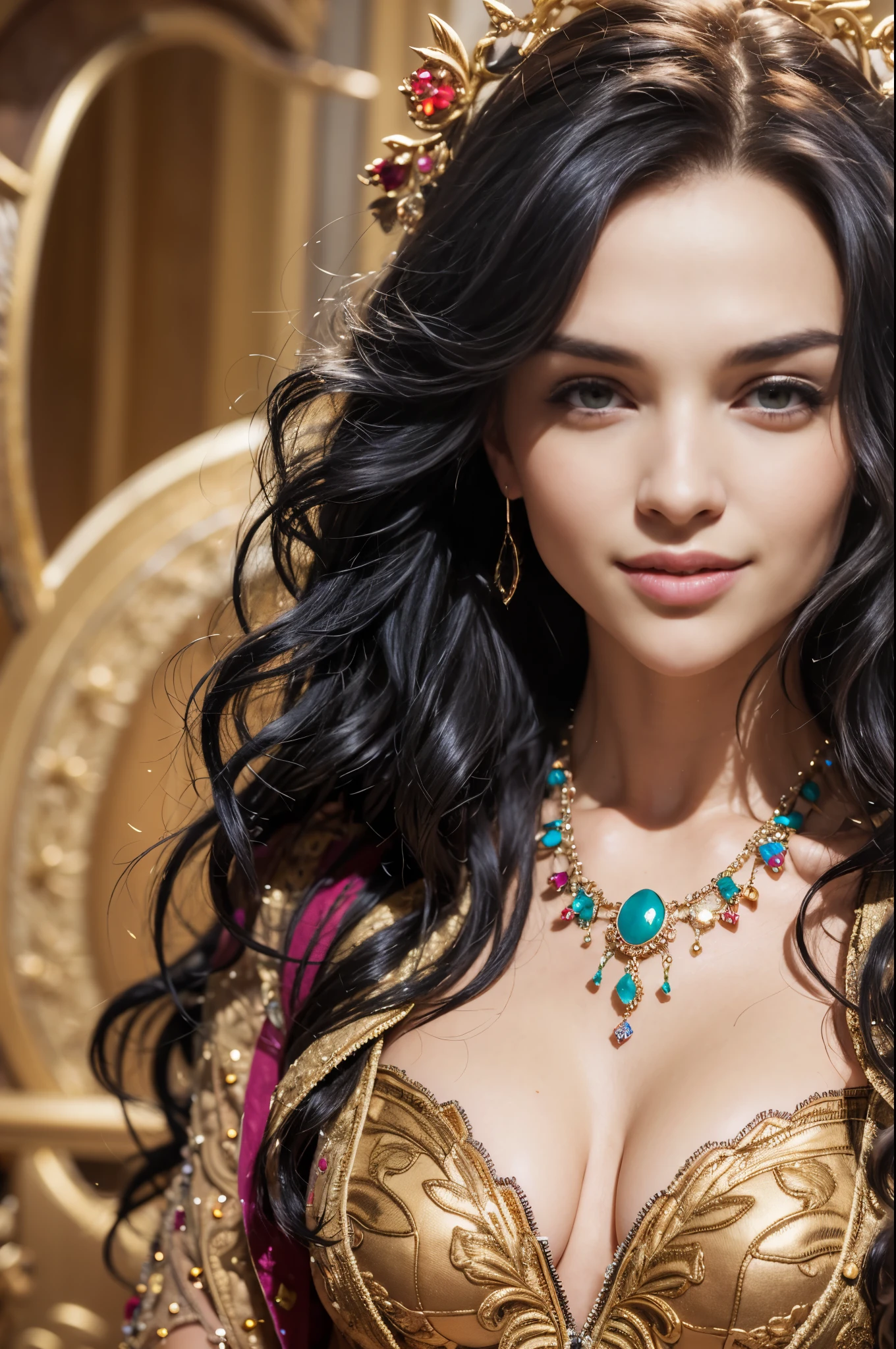 Close-up of a woman with colorful hair and necklace, fantasy palace, cowboy shot, masterpiece, 8k, best quality, cute smile