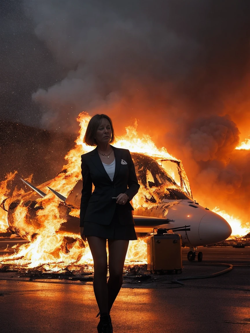 Tall and beautiful woman with short hair, Jenny Agutter, hand in a knife, standing in front of los-angeles airport, full body angle, airplanes explodes into flames, National Geographic Photos, Dramatic Angle, Art inspired by Gregg Lutkowski, perfect female anatomy, Art Station HQ Art Germ with trendy sharp focus and smooth finish