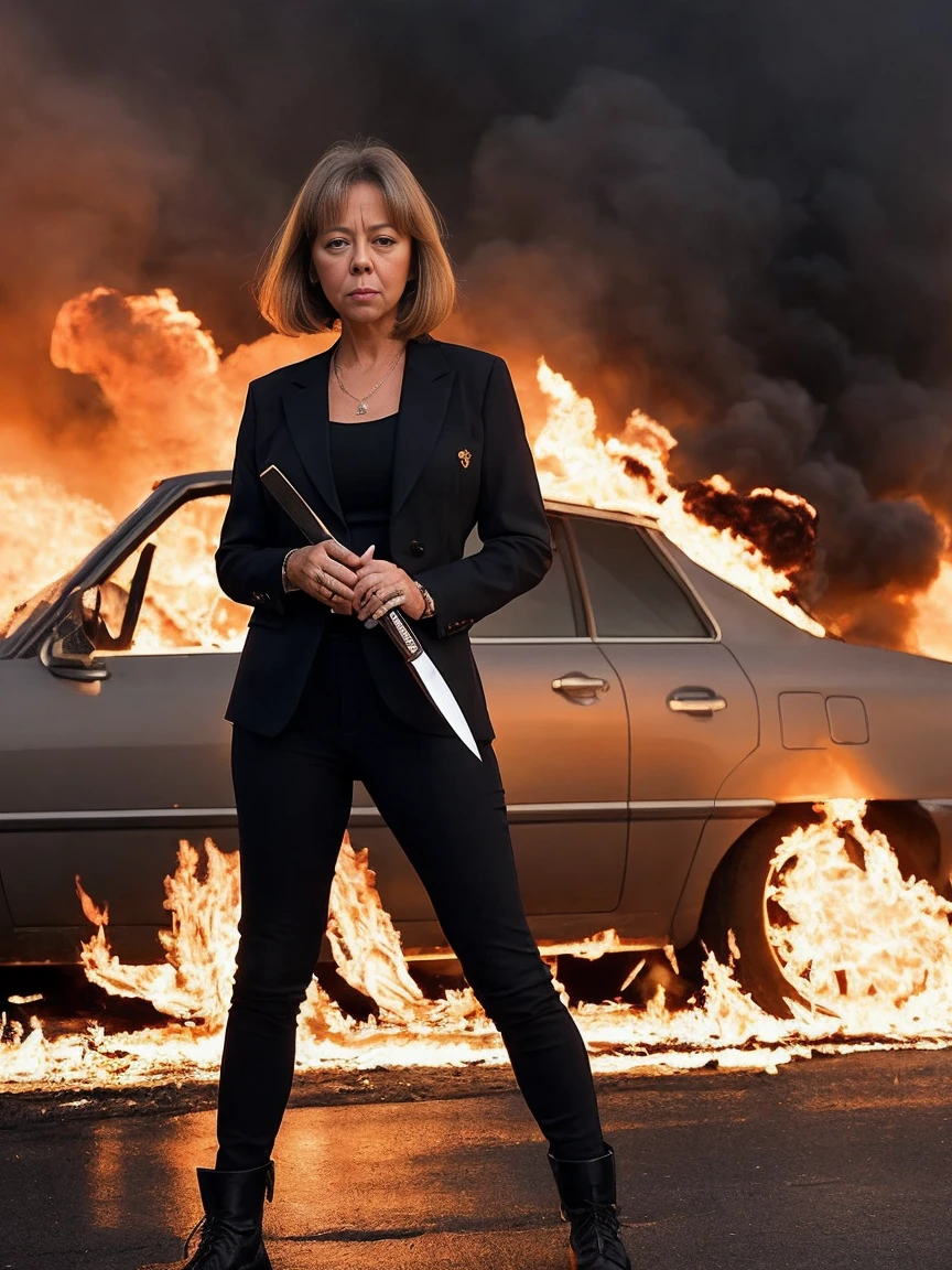 Tall and beautiful woman with short hair, Jenny Agutter, hand in a knife, standing in front of los-angeles airport, full body angle, airplanes explodes into flames, National Geographic Photos, Dramatic Angle, Art inspired by Gregg Lutkowski, perfect female anatomy, Art Station HQ Art Germ with trendy sharp focus and smooth finish