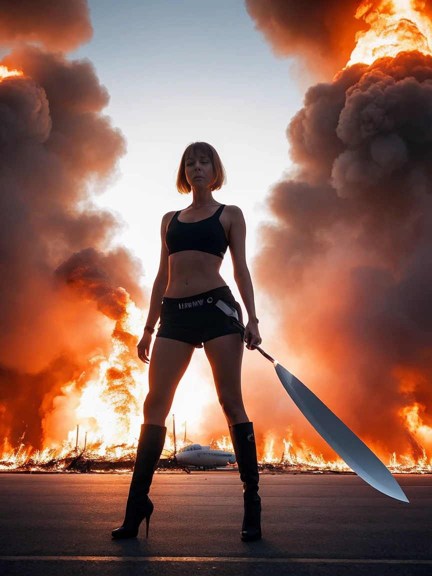 Tall and beautiful woman with short hair, Jenny Agutter, hand in a knife, standing in front of los-angeles airport, full body angle, airplanes explodes into flames, National Geographic Photos, Dramatic Angle, Art inspired by Gregg Lutkowski, perfect female anatomy, Art Station HQ Art Germ with trendy sharp focus and smooth finish