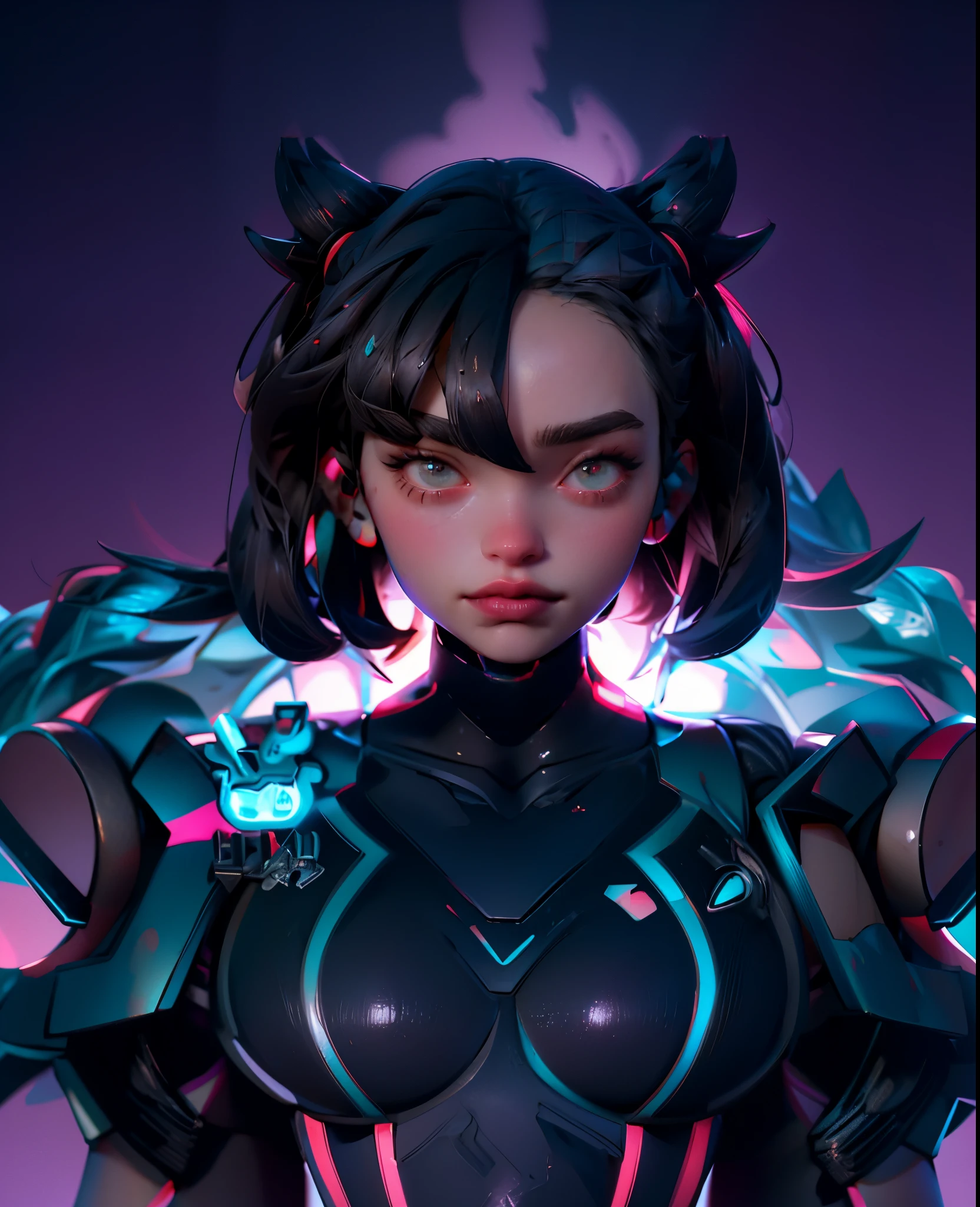 ((masterpiece, best quality)) Marnie, (pokemon), cutesexyrobutts, cyberpunk aesthetic, neon lights, cyborg woman, dark techno aesthetic, industrial goth aesthetic, ultra detailed, photorealistic, measurement bangs , asymmetrical bangs, black hair, Much hair, sexy eyes, short hair, messy hair, Big sleepy eyes, style boobapad, cyberpunk city background, upper body, portrait, breast focus, 1girl, breasts, large breasts, asymmetrical bangs, asymmetrical hair , bangs, huge breasts.