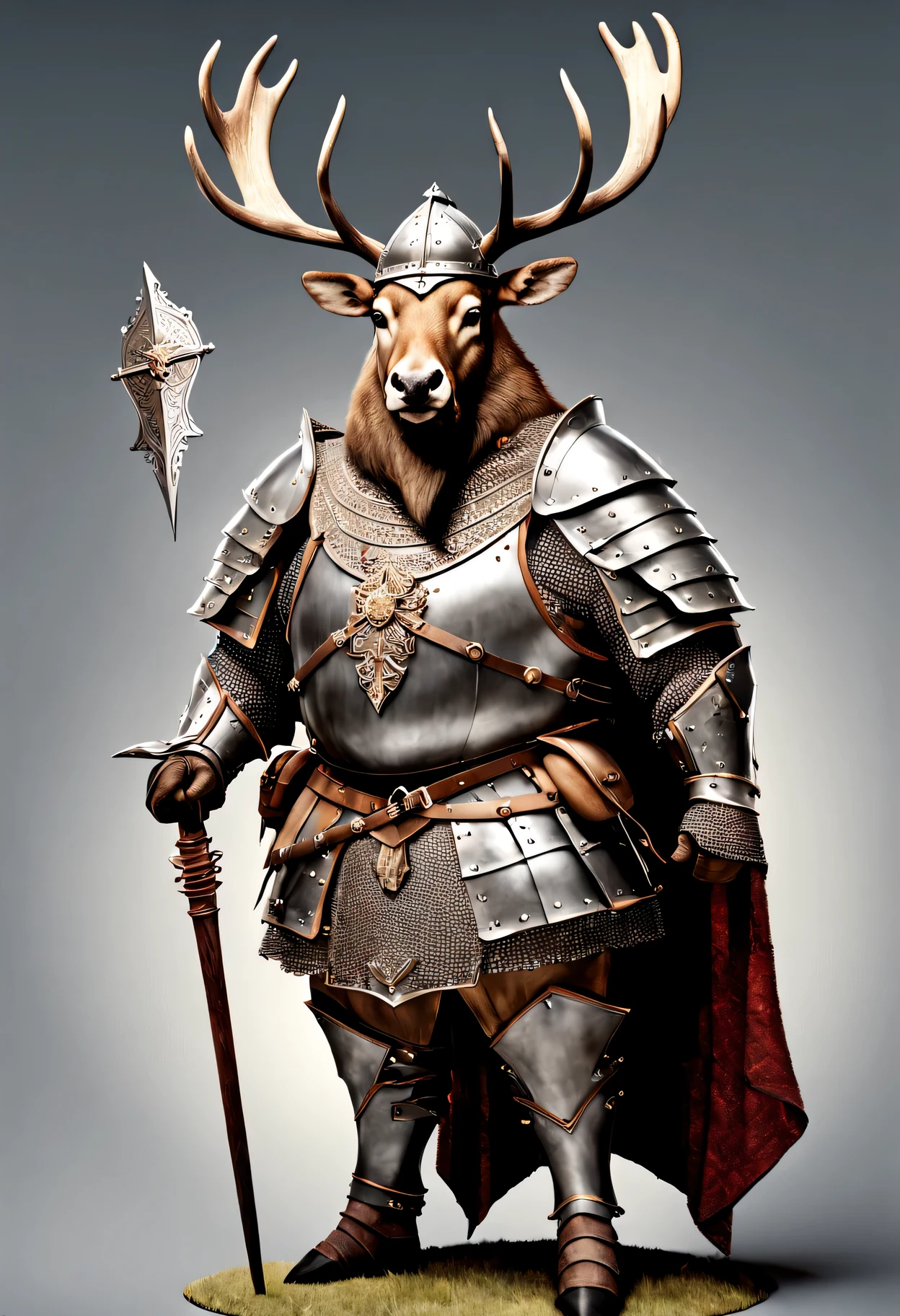 photorealistic portrait of Dressed animals - a ((fat)) elk warrior,(brave pose), high quality,(lovely) ,intricate details, highly detailed ((medieval armor and helmet)) ,,highly detailed decorations, , (brave), studio lighting,(full body image:1.5)