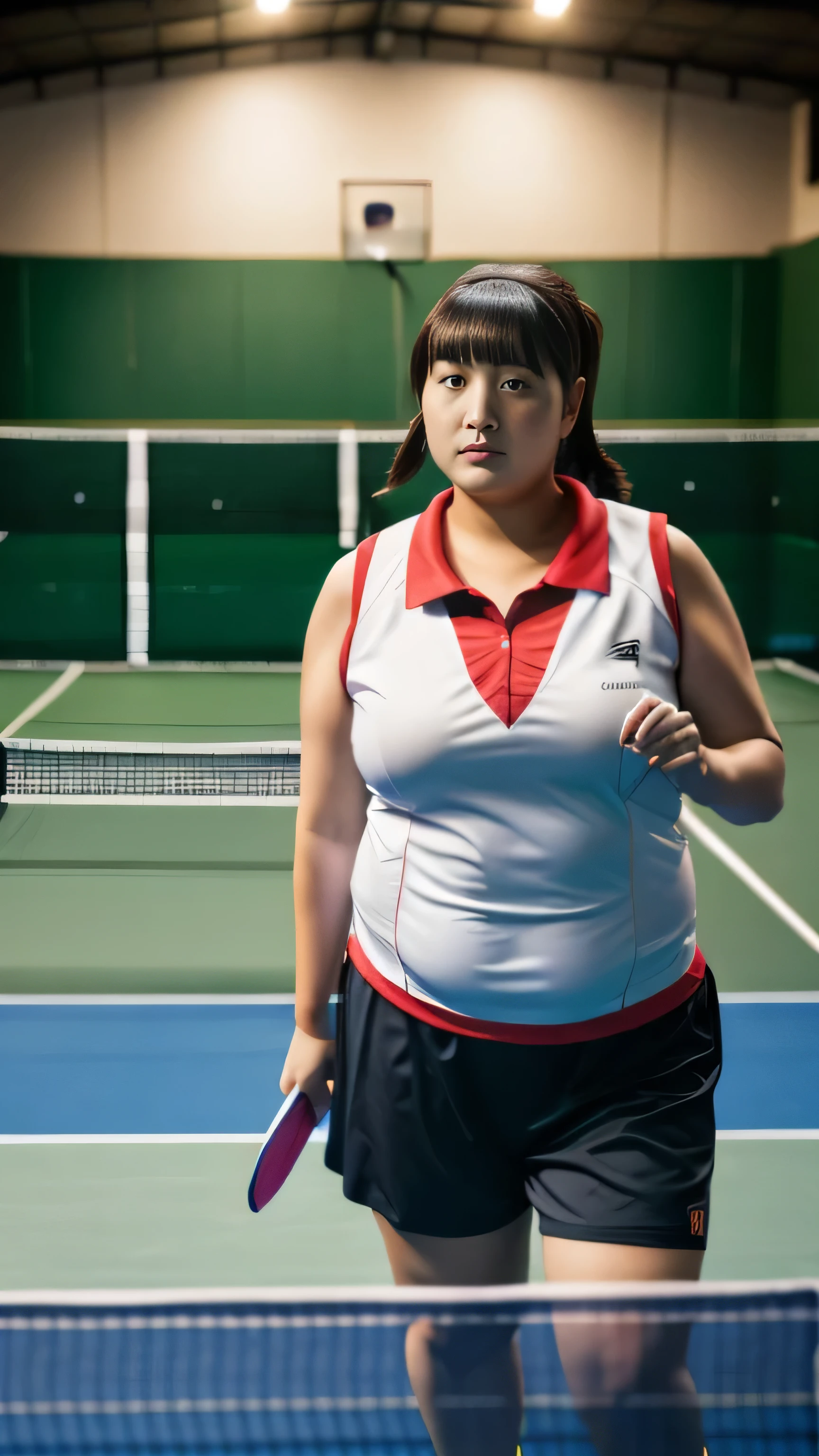 woman posing for a photo,(wear table tennis_uniform:1.3), good hand,4K, High resolution, masterpiece, highest quality, head:1.3,((hasselblad photography)), fine skin, sharp focus, (cinematic lighting),1 female breast, Overweight, extremely fat, Chubby, Japanese, clavicle, night, soft lighting, dynamic angle, [:(detailed face:1.2):0.2],(((Inside the table tennis hall)))