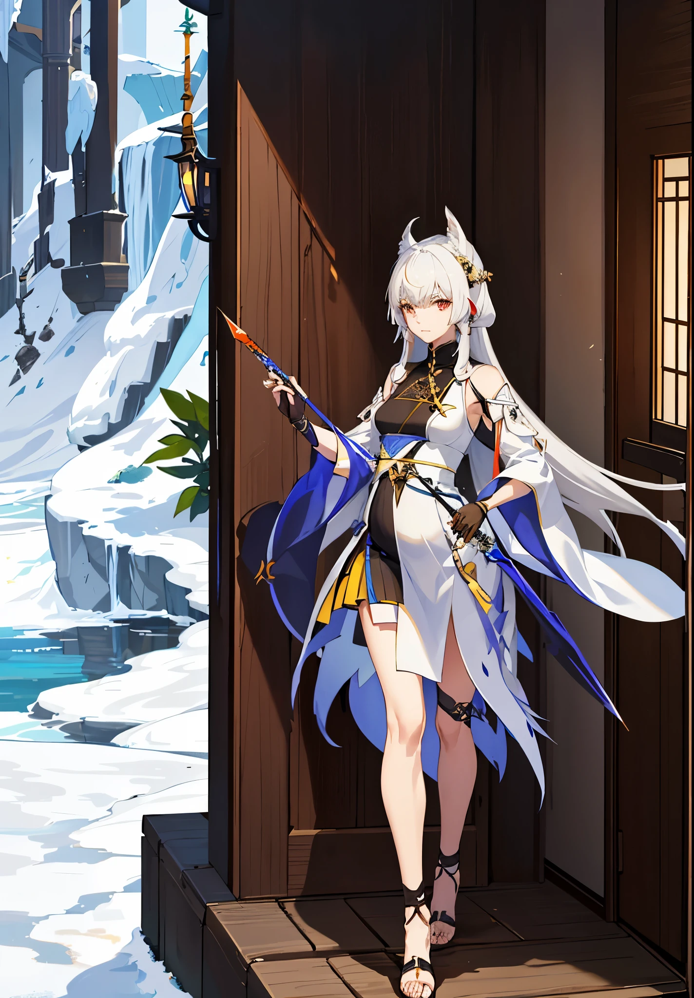 a woman in a dress holding a dagger and a dagger, video game character, from arknights, fox nobushi holding a dagger, hajime yatate, keqing from genshin impact, white haired deity, with small sword, ayaka genshin impact, female action anime girl, official character art, anime character, pregnant anime girl, fetus