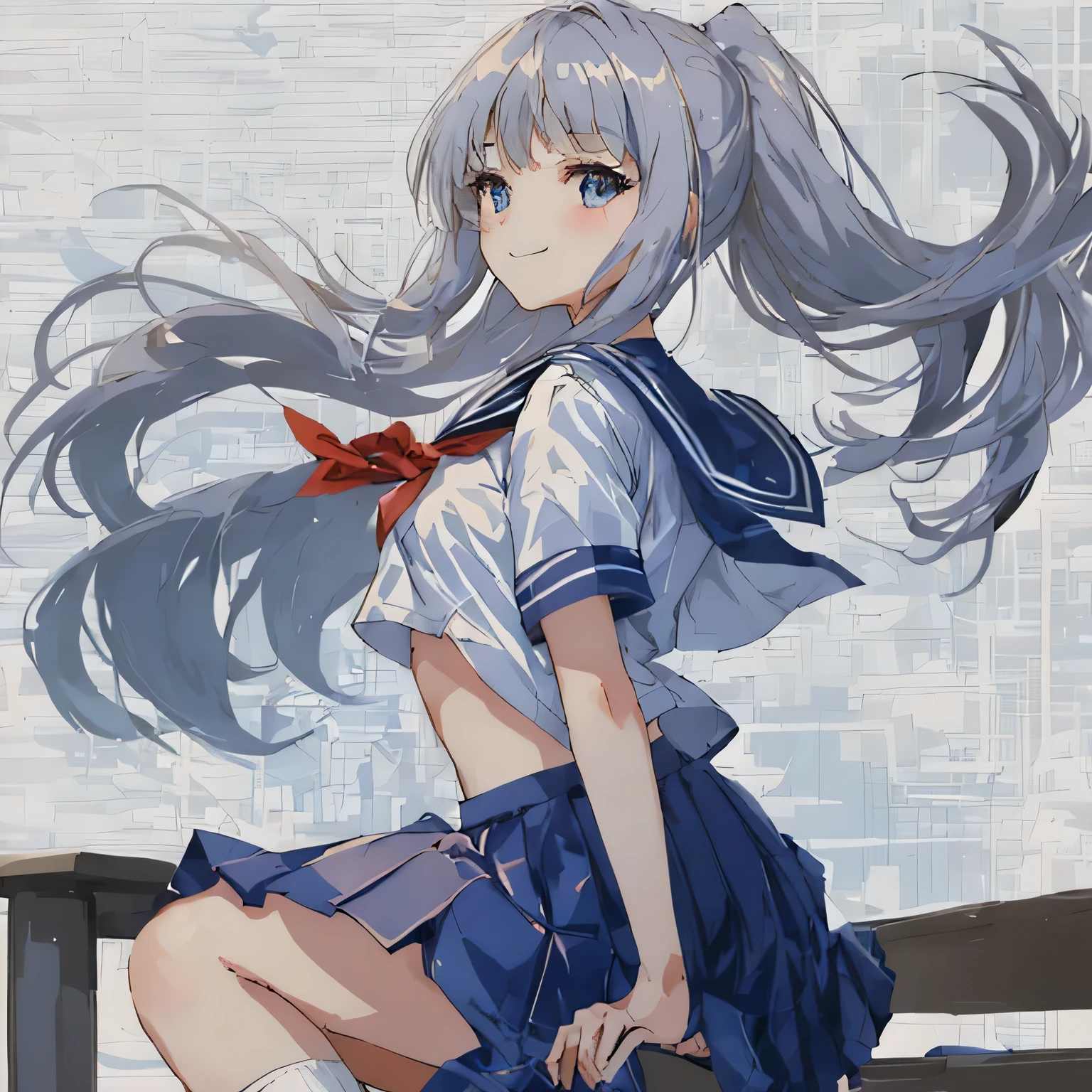 blurred background,schoolyard, School,the wind is blowing,high quality background,masterpiece, highest quality,shape,sailor suit,slanted eyes,straight hair,blue hair,side part,super dense skin,beautiful and detailed eyes,short sleeve shirt,light brown eyes,(medium breasts:1.1), (A raised and well-defined bust:1.1), (lifted chest:1.2), (perky chest :1.1),high School girl,Please sit down,high socks,loafers,smile,School,long skirt,ponytail