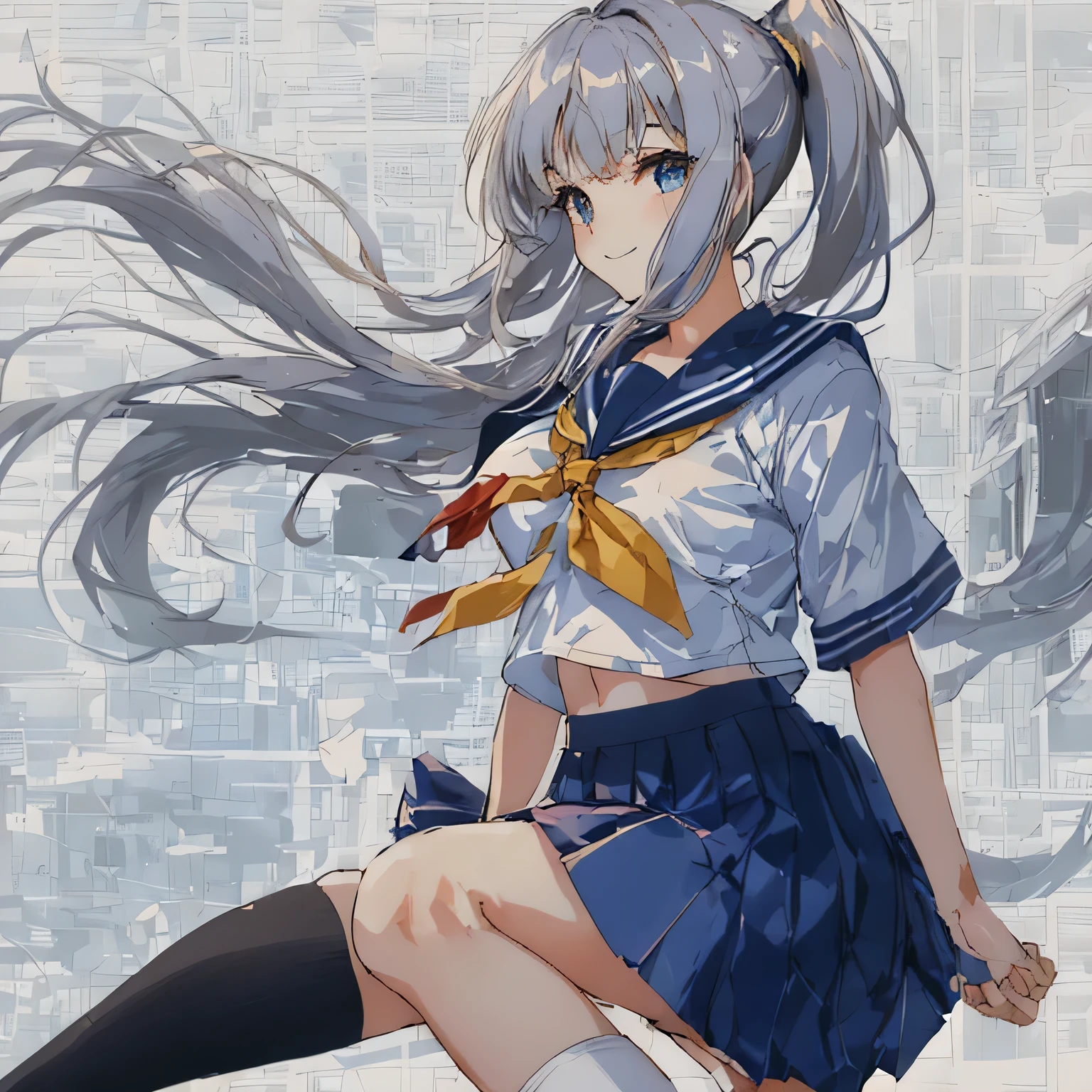blurred background,schoolyard, School,the wind is blowing,high quality background,masterpiece, highest quality,shape,sailor suit,slanted eyes,straight hair,blue hair,side part,super dense skin,beautiful and detailed eyes,short sleeve shirt,light brown eyes,(medium breasts:1.1), (A raised and well-defined bust:1.1), (lifted chest:1.2), (perky chest :1.1),high School girl,Please sit down,high socks,loafers,smile,School,long skirt,ponytail