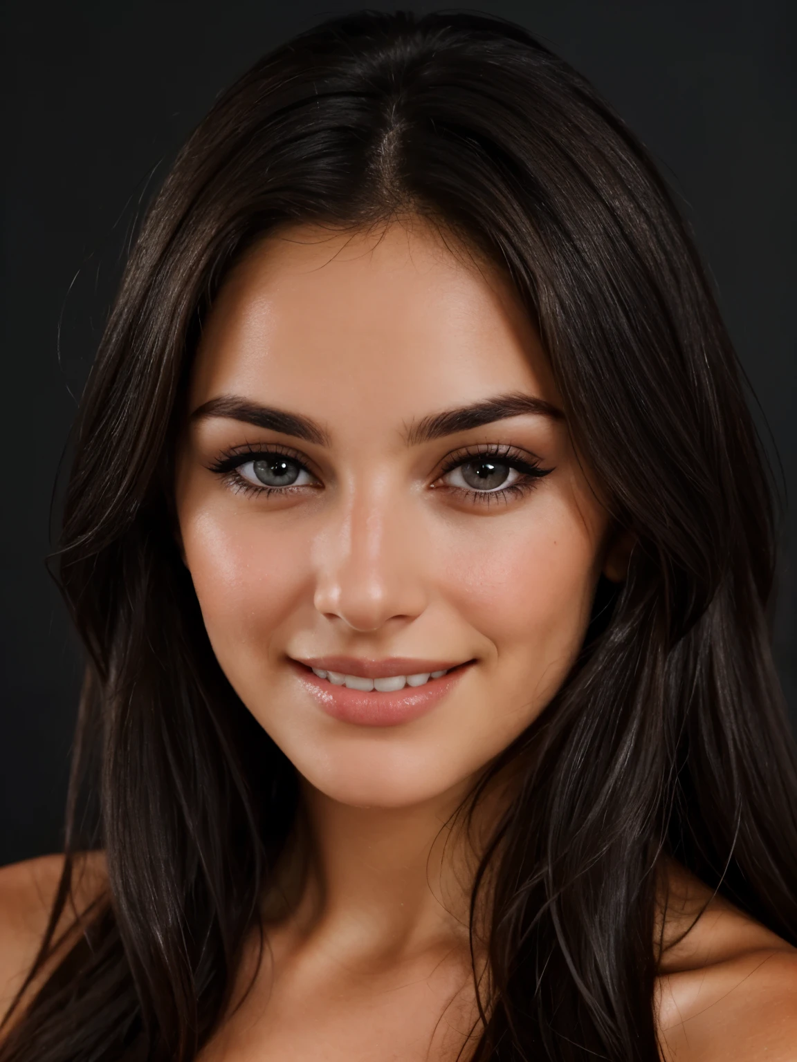dark upper body, close-up shot, brunette photo with perfect eyes, smile, ultra textured skindark background, looking at the camera, full face