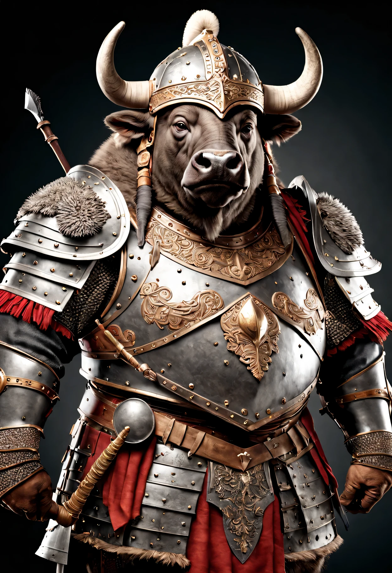 photorealistic portrait of Dressed animals - a ((fat)) buffalo warrior,(brave pose), high quality,(lovely) ,intricate details, highly detailed ((medieval armor and helmet)) ,,highly detailed decorations, , (brave), studio lighting,(full body image:1.5)