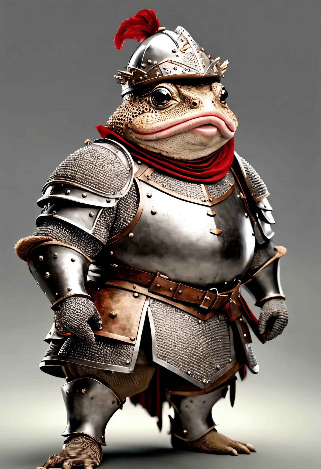 photorealistic portrait of Dressed animals - a ((fat)) toad warrior,(brave pose), high quality,(lovely) ,intricate details, highly detailed ((medieval armor and helmet)) ,,highly detailed decorations, , (brave), studio lighting,(full body image:1.5)