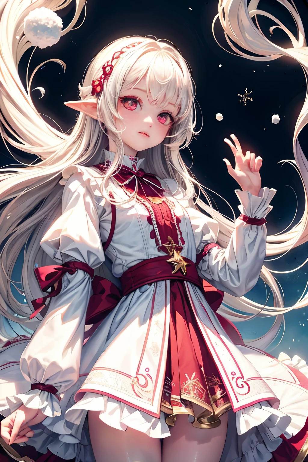 beautiful illustrations, highest quality, cute  girl, (conversion sequence), transform magical girl, Little, white magical girl, fractal art, albino, baby face, long snow-white and red mesh hair, beautiful detailed red eyes, cinematic lighting, cowboy shot, looking at the viewer, from below, Happy