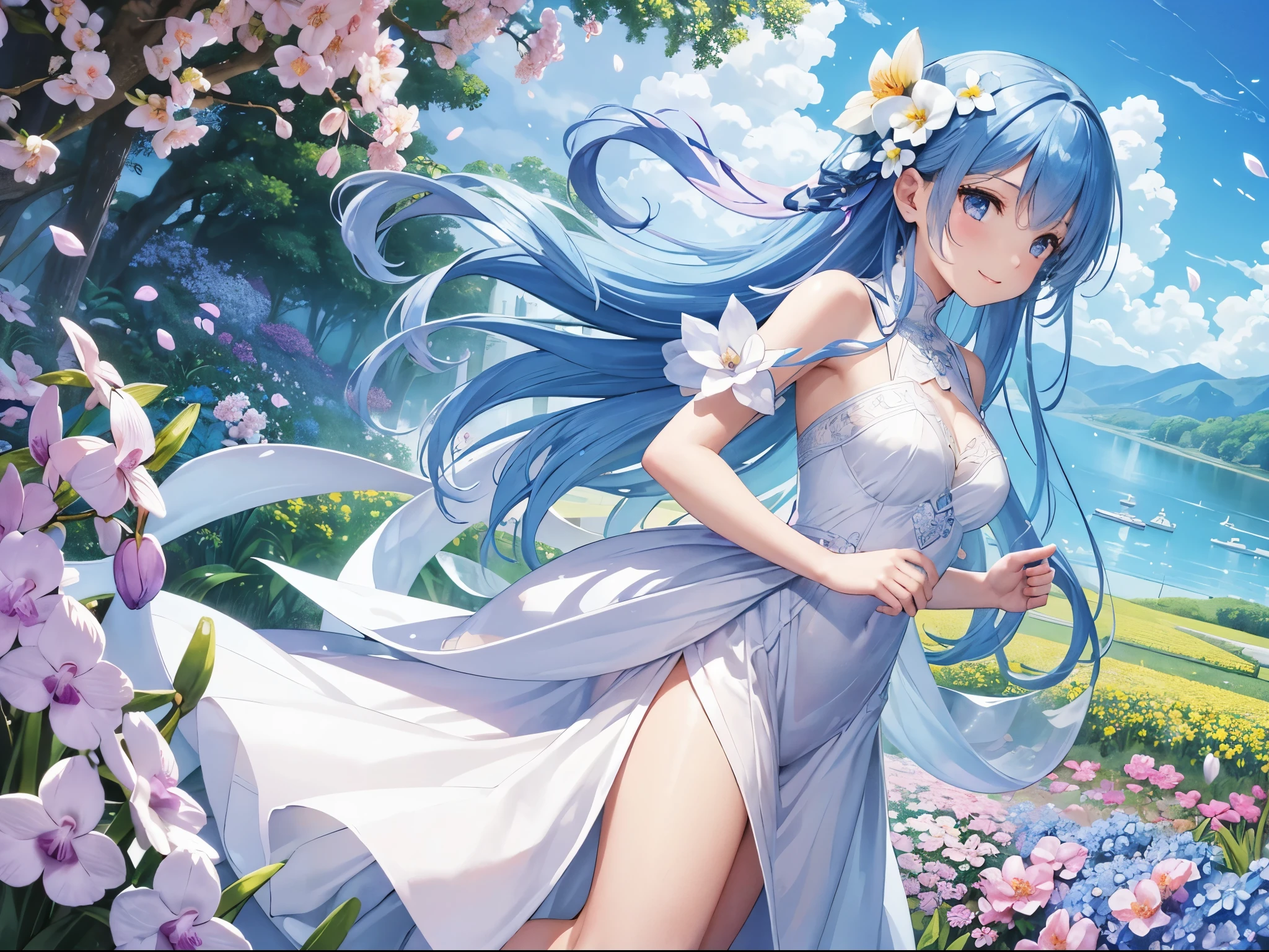 (High resolution、super detailed、nffsw、movie)、solo、1 girl、happiness、girl standing in a flower field、Girl around the petals、charming smile、Angel wings on the back、Full body Esbian、Long-haired girl with blue hair、light blueの髪、facing the front、fantasy、official art、pop art、profile、highly detailed face、highly detailed eyes、Orchid Flower Garden、Ultra Detailed Fields、White blue sky、 light blue、blanche、nebula in the sky、watercolor painting、pastel colour