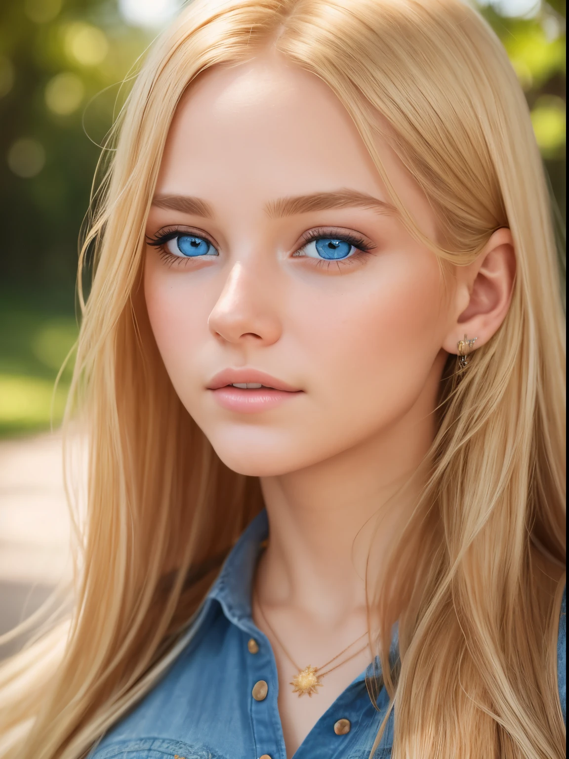 Photo of a young girl with long, golden blonde hair cascading down to her waist, (High quality, Best quality), (Photo-realistic, Raw-photo), Blue eyes sparkling with life, (Detailed face and eyes: 1.2), Intricately detailed features, Close-up shot, (Ultra-detailed, High definition), Skin texture showing finely detailed pores and texture, (Masterpiece), Fine art CG image, 8K resolution, (Ultra-realistic)
