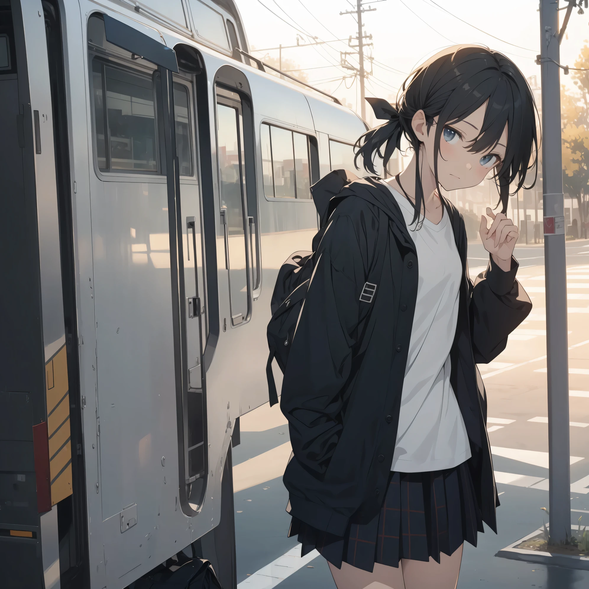Super high quality by the art god, super detailed, High resolution, anime moe art style, best anime 8K konachan wallpaper, pixiv contest winner, perfect anatomy, break,(眠そうにalone学校へ行く女の子を描いてください. )break, 1 girl, (alone,little woman, lolita, , 13 years old:1.3),All limbs, full finger,, The charm of an immature body, (very short hair), flat chest, small ass, between legs, Small black eyes, beautiful and fine eyes, Well-proportioned iris and pupils, expressive eyes, High resolutionの詳細な髪, ribbon, skirt, collared shirt, hair ornaments, neck ribbon, pleated skirt, school uniform, shirt, white shirt, (detailed lighting), (detailed background), On the way to school. break,super dense skin, Best lighting by famous artists, 8K, figure,UHD, rough skin