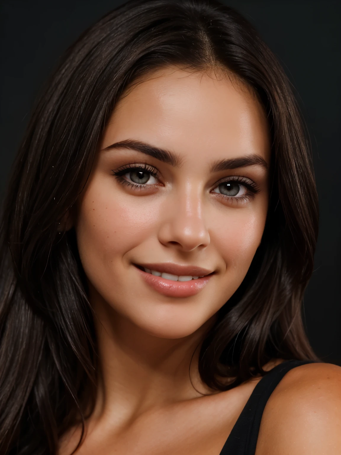 dark upper body, close-up shot, brunette photo with perfect eyes, smile, ultra textured skindark background, looking at the camera, full face