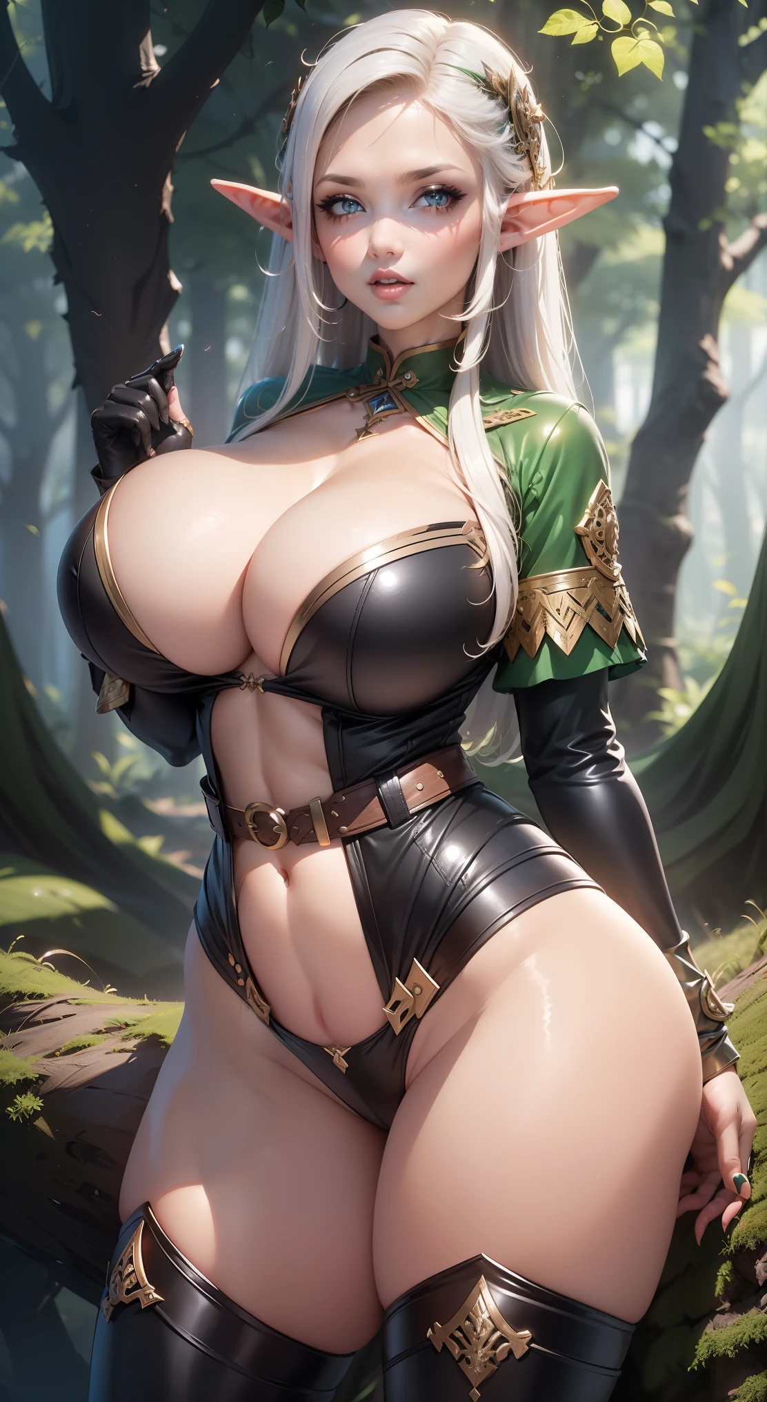 POV: ((((elf girl, Super huge enormously gigantic tits, cleavage showing)))) platinum white hair, leather corset battle armor thigh high boots with lots of straps buckles and zippers, skinny, slim thick, small waist, 8k, UHD, (accentuated super huge enormously gigantic tits, spreading her legs open, arching her back in a sexy seductive slutty pose), enchanted forest background 