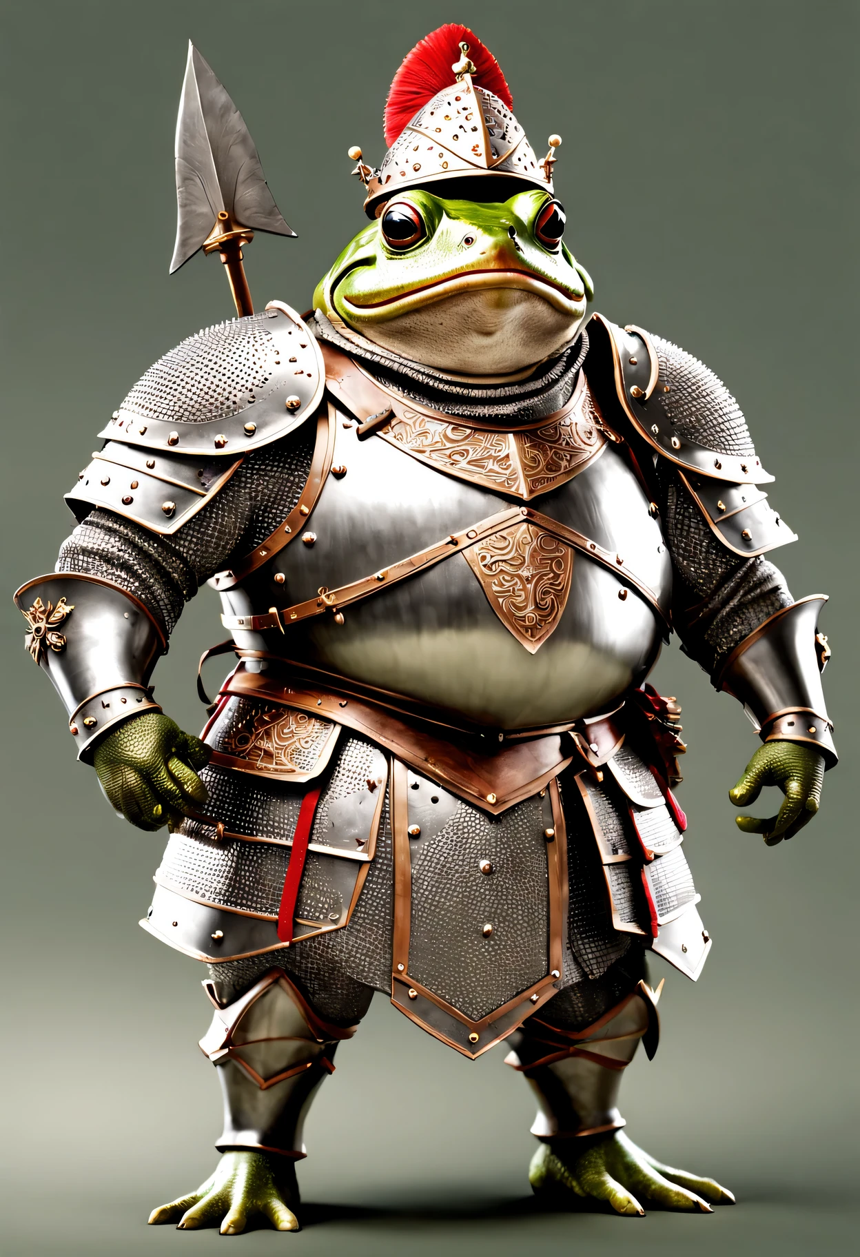 photorealistic portrait of Dressed animals - a ((fat)) frog warrior,(brave pose), high quality,(lovely) ,intricate details, highly detailed ((medieval armor and helmet)) ,,highly detailed decorations, , (brave), studio lighting,(full body image:1.5)