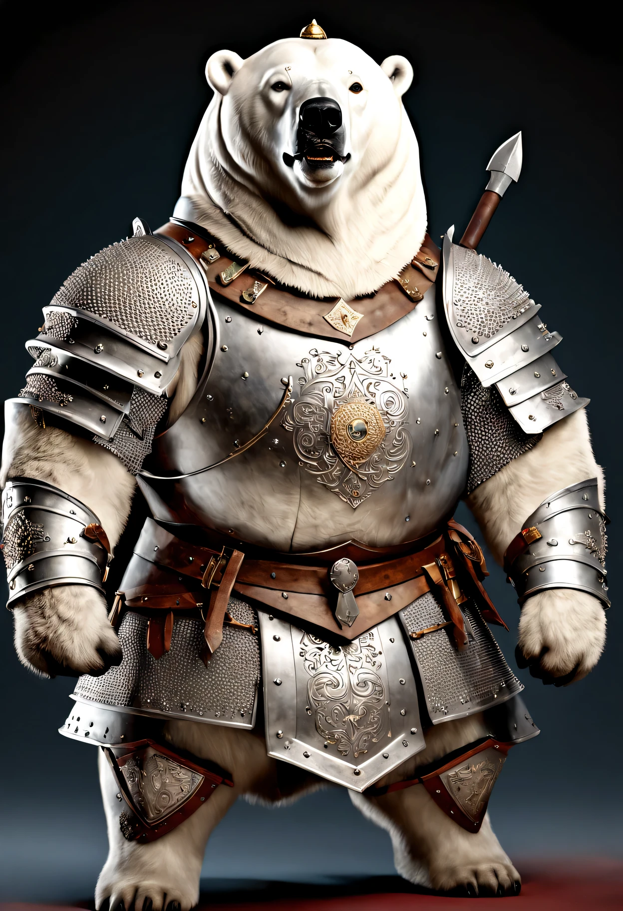 photorealistic portrait of Dressed animals - a ((fat)) polar bear warrior,(brave pose), high quality,(lovely) ,intricate details, highly detailed ((medieval armor and helmet)) ,,highly detailed decorations, , (brave), studio lighting,(full body image:1.5)