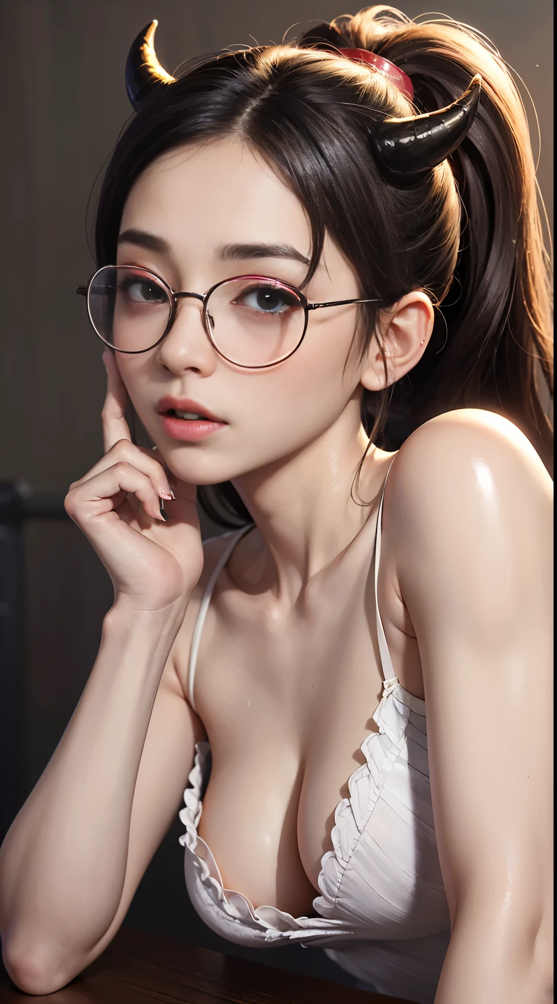 Are you okay、(best illustrations)、8k UHD resolution、intricate details、highest quality、realistic、super detailed、best lighting、best shadows、soft lighting、ultra hd、超realistic、Tyndall effect、Photoreal、(high detail skin:1.2)、 (intricate details, compensate, Pueros face_v1:0.5), (Detailed Beautiful and Delicate Face, Fine, beautiful and delicate eyes, perfectly proportioned face, high definition skin, fine skin, Optimal ratio of 4 fingers and 1 thumb, arm under chest, お腹の下に赤く光るtattoo、wow wow, wide hips, smooth abdomen, skin is thin and thin, __fashion__, __hair__:1.25)、Digital single-lens reflex camera、 不条理なrealistic作品: 1.3), (maximum resolution: 1.2), (Ultra HDTV: 1.2), cinematic light, fine eyes and skin, detailed facial features, , (sharp focus: 1.2）, (focus on face:1.2),perfect style, beautiful face, acura, anatomically correct, Highly detailed face and skin texture, fine eyes, double eyelid, thin eyebrows, glitter eyeliner: 1 natural cheeks, Glossy skin, Fair skin: 1.2, (glossy lips: 1.4),(embarrassed look: 1.2),Highly detailed face and skin texture, fine eyes, double eyelid, natural cheeks,  glossy lips: 1.4,exposed cleavage、Bewitching。baby face、fascinating、Chest emphasis、((((giant glasses, otaku glasses, thick glasses, round glasses)))),The long-haired、Braid hair、Ponytail distortion、, Ponytail with a bow tied at the back of the hair, huge solemn expression、body up、Big breasts emphasis, super tight chest, Breast augmentation surgery, The breasts are very big and round,tight waist、 meet beautiful girls, look at the girl&#39;s body, in the dark、bat wings，(((small demonic horns)))、(devil&#39;s tail)、(detailed spooky background:0.8)、Long grey hair，emits eerie demonic flames，Lun Guoguang，green flash particles, magic、火炎magic、Flares up violently、swirling explosion, angelic halo, Dazzling gold and orange shine, Dramatic composition details), synchrotron radiation, Powerful light area,  (magicのシンボルが鎧に輝く:1.3), (magicの魔力が彼女の周囲に渦巻いていた:1.3), Long white hair waving in the wind in every detail, (intense expression:1.1), (Its light is、Highlighting her dominance and rebirth behind the scenes:1.4), (Wisdom and Rebirth:1.2), (Strong stance:1.2), (Overwhelming mystical power:1.2), (Sparkling sweat:1.1),(The contrast between silver and gold:1.3),elegant glitter dark＆mysterious version, Very beautiful and shining eyes、Arms tied with rough ropes、girl hanging from the ceiling、Sweat、rope tied her body、wet body、Aranawa that bites into the crotch、A large amount of body fluid flows out from the crotch.、the tower is good、wet white underwear、One leg is suspended above by a rough rope、tied with rope、tied up tightly、tie one&#39;s hands、hanging in shackles、tattoo, gem