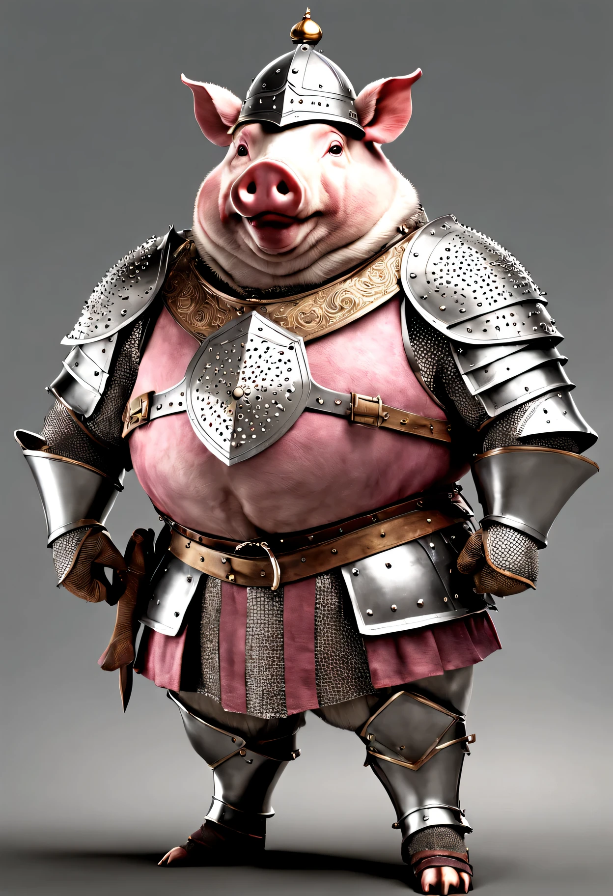 photorealistic portrait of Dressed animals - a ((fat)) pig warrior,(brave pose), high quality,(lovely) ,intricate details, highly detailed ((medieval armor and helmet)) ,,highly detailed decorations, , (brave), studio lighting,(full body image:1.5)