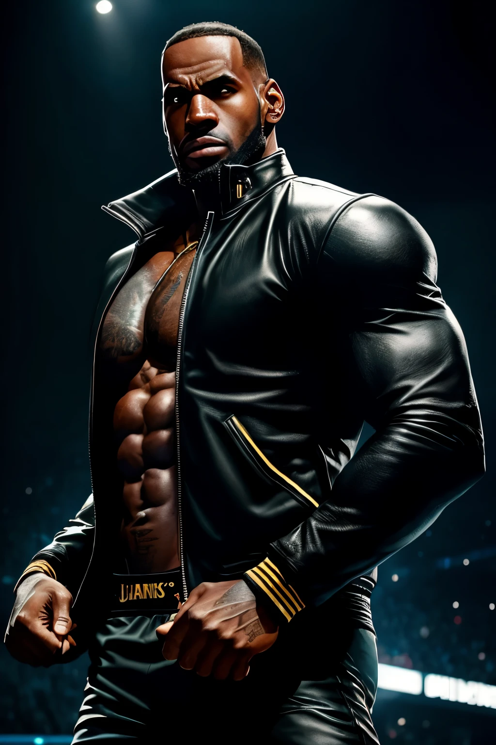A hyper-realistic image of Lebron James showcasing his massive, bulging biceps in a sleek, tight leather jacket. The focus is shallow, bringing attention to the intricately textured jacket and the intense veins popping out on his arms. The mood is energetic and powerful, with spotlights illuminating his muscular form in brilliant high definition, 8k resolution. The contrast between the dark jacket and the sharply defined muscles creates an impressive visual effect that highlights Lebron's strength and athleticism.