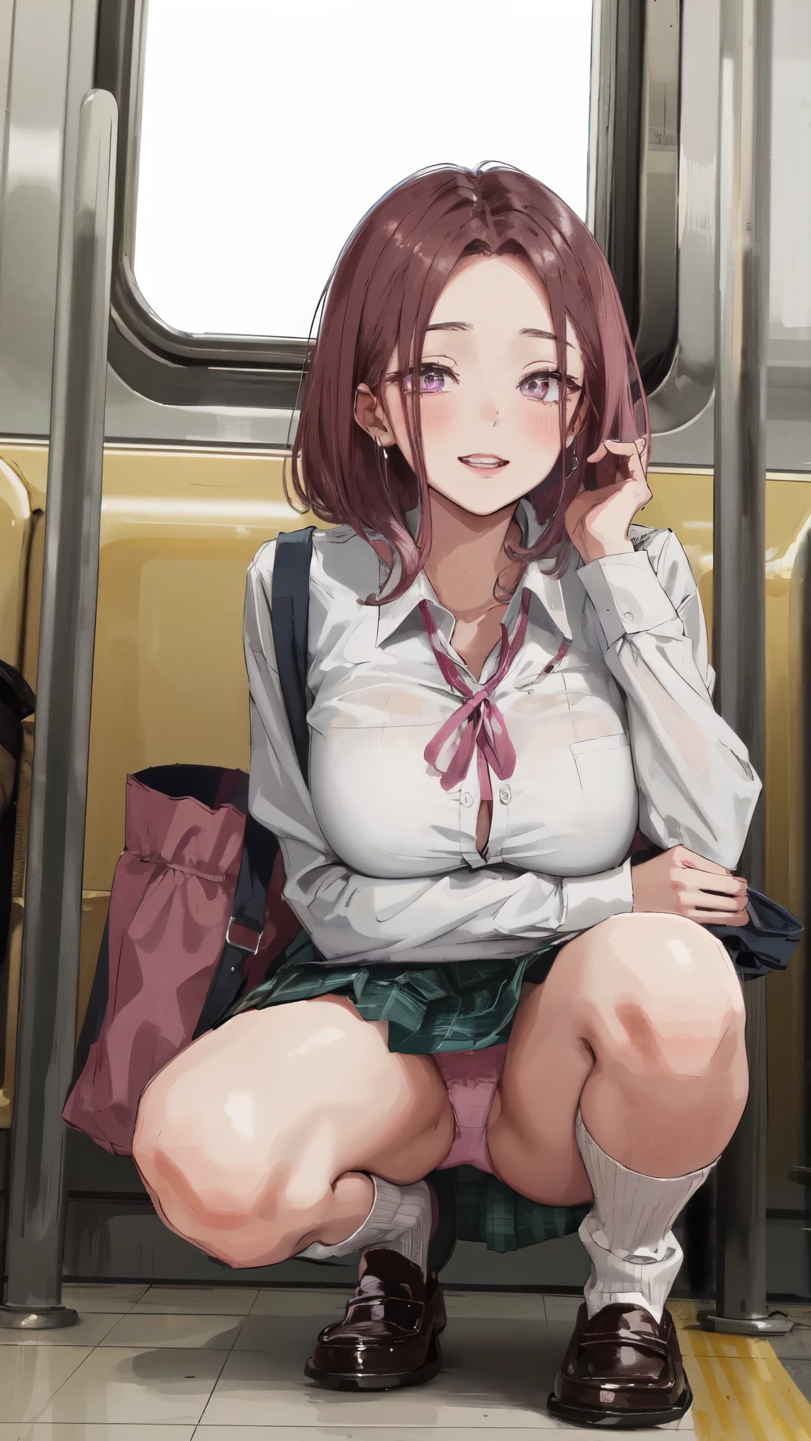 sagging breasts,mature female,huge breasts, gigantic breasts, (((face focus))),solo,grin,brown hair,student bag,cowboy shot,gyaru, wavy hair,nagatiti,inner pink color hair,eyeshadow, pink lip,Shiny eyelashes,Inside the train, large windows, night view,blue panties,White shirt,pubic hair,bare Forehead,medium hair,(squatting,spread legs),from below,green plaid pleated skirt,ribbon tie,long sleeve,loose socks, loafers,