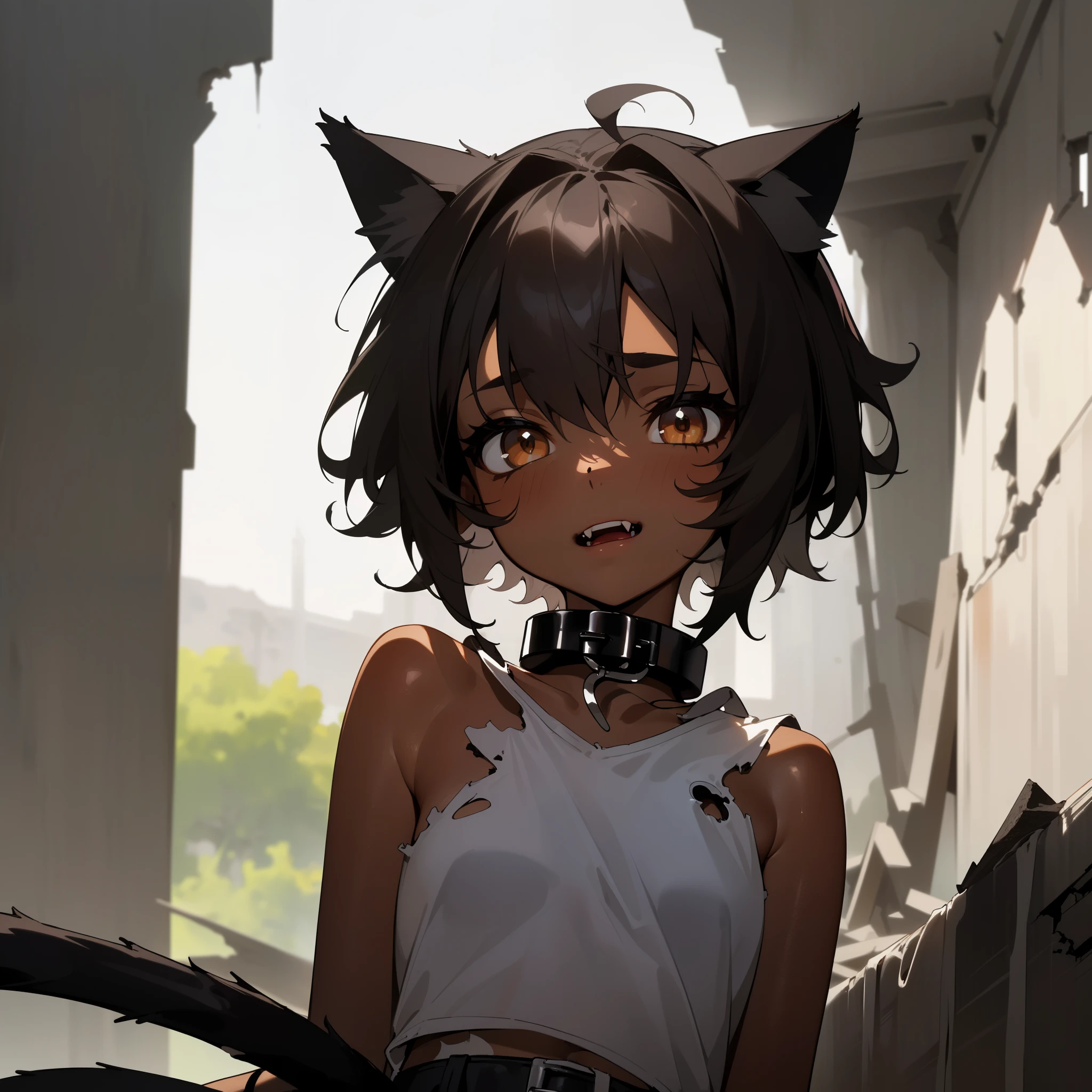 (best quality:1.1), (masterpiece:1.2), (solo), ((upper body)), ((Lolis)), ((dark skin)), skinny, (short height), (brown eyes), ((cat ears)), (messy short black hair), (black cat tail), ((white top, black leather shorts, tactical wears, pet collar)), ((glossy skin)), cat fangs, ((house ruins background))