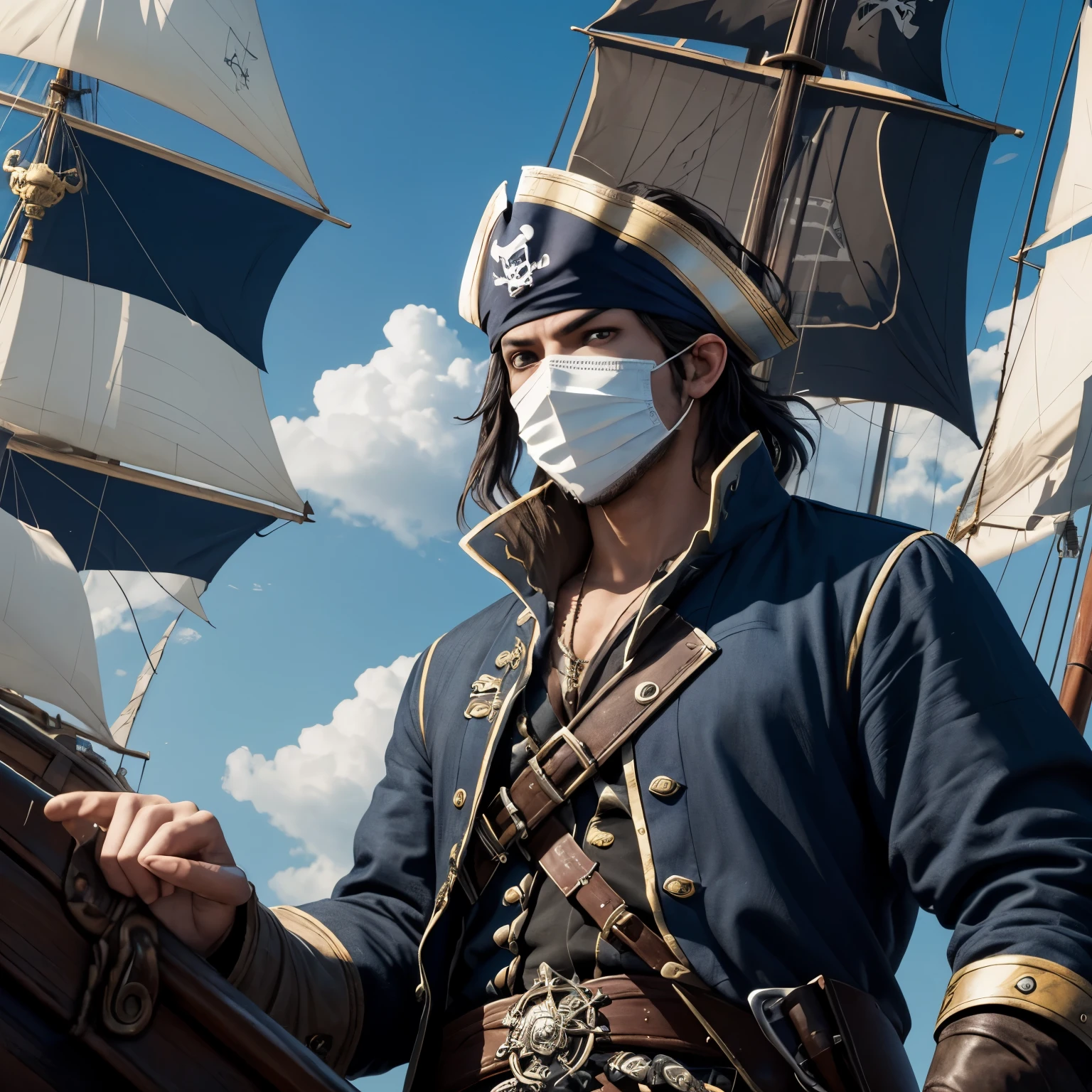 A male pirate, in his ship with a bright blue sky. The pirate whears a square white mask with a gray outline, and with rectangular black eyes, and a square mouth closser to the right eye than the left eye