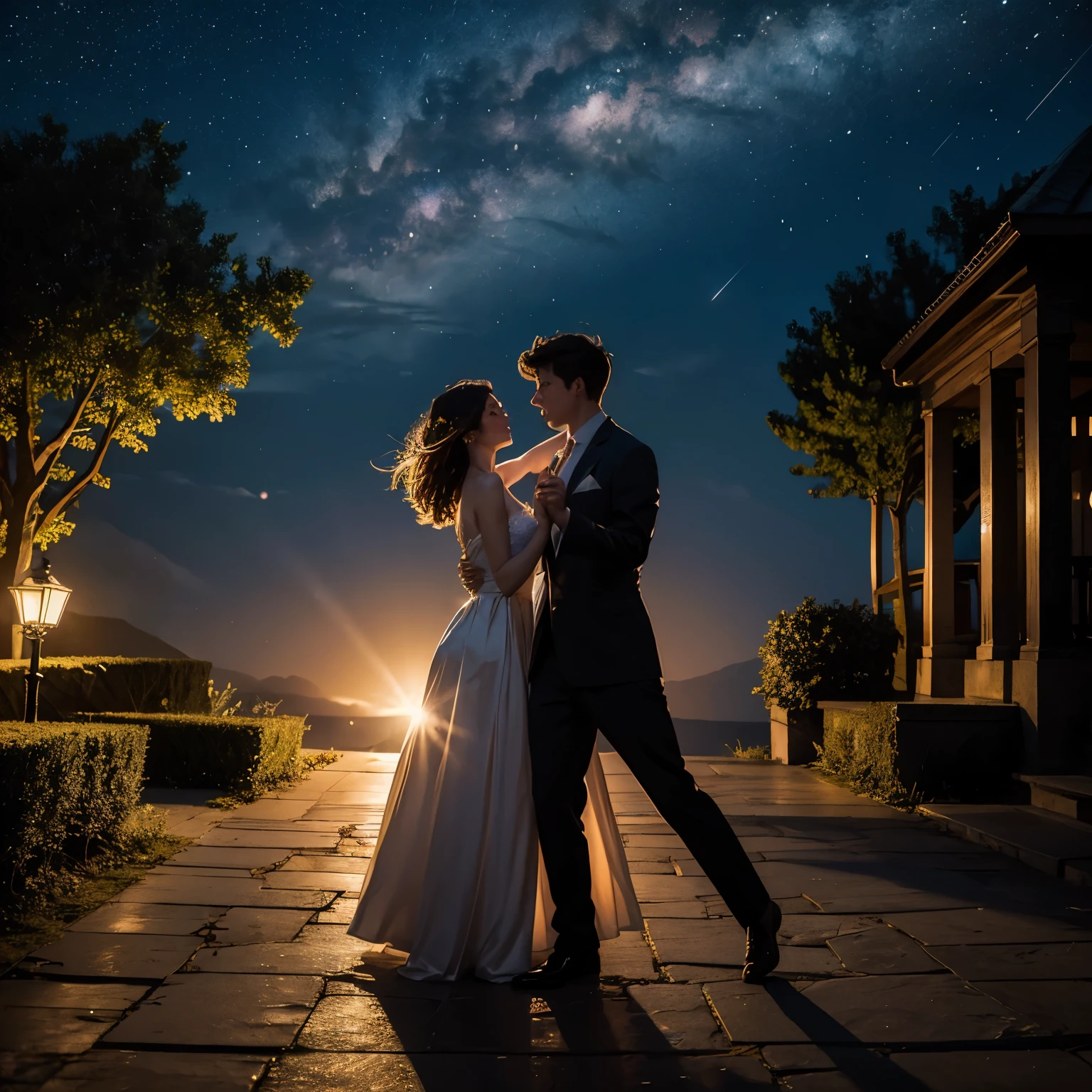 Couple in love dancing in the moonlight, magic, dream scenerie, sky full of stars
