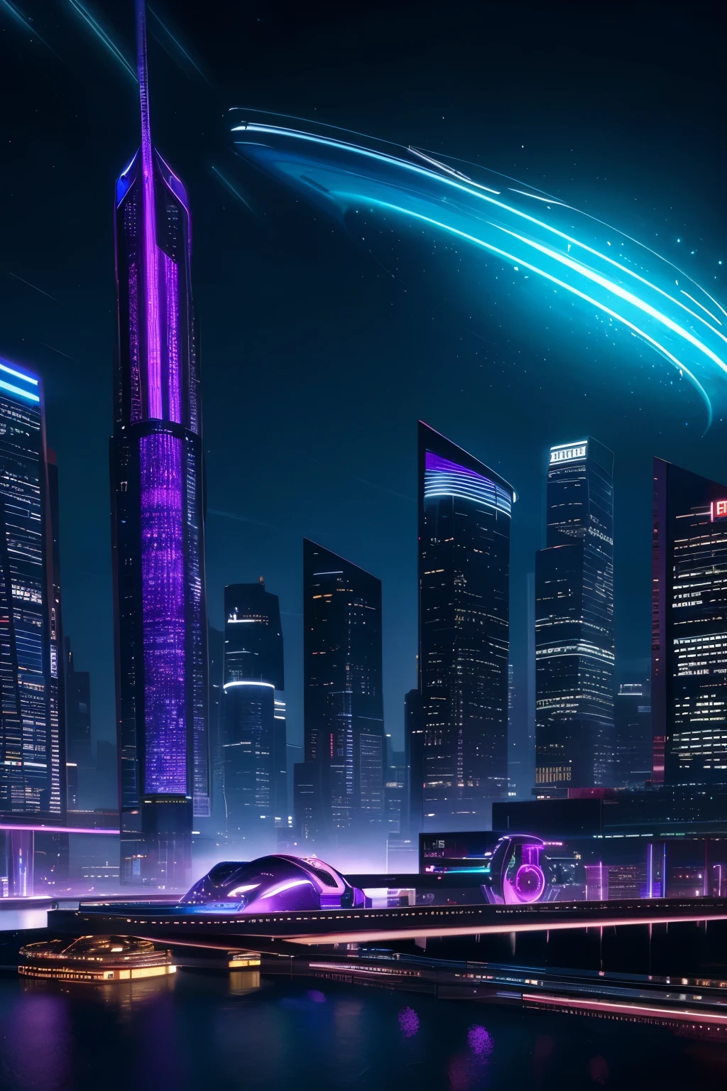 (best quality,4k,8k,highres,masterpiece:1.2),ultra-detailed,(realistic,photorealistic,photo-realistic:1.37),dark and futuristic,vibrant colors,soft and natural lighting,concept artists,sci-fi,neon lights,glowing patterns,shadows and highlights,reflective surfaces,detailed textures,high-tech cityscape,night skyscrapers,futuristic fashion,animated holograms,interstellar travel,advanced technology,sleek and angular architecture,urban environment,metallic accents,electric blue,deep purple and magenta color palette,engaging and captivating composition