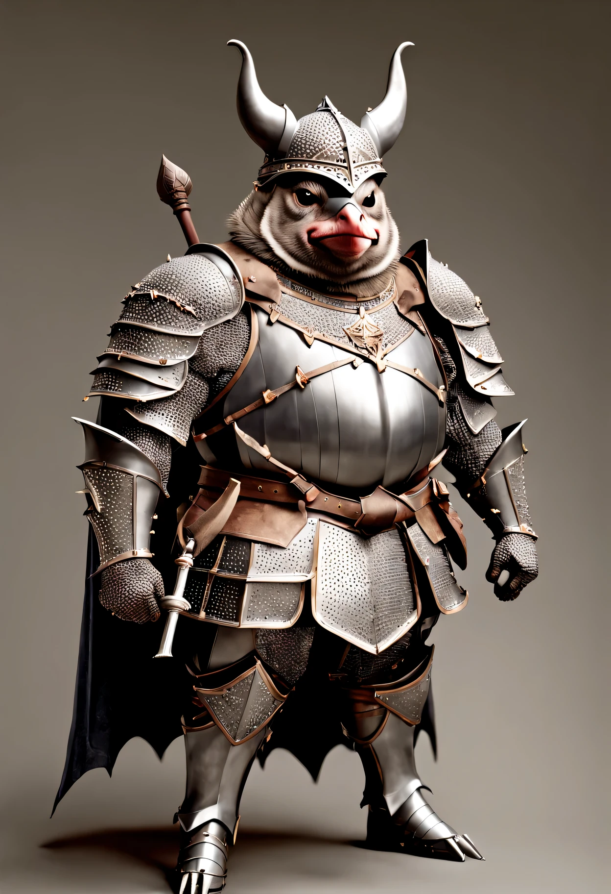 photorealistic portrait of Dressed animals - a ((fat)) bat warrior,(brave pose), high quality,(lovely) ,intricate details, highly detailed ((medieval armor and helmet)) ,,highly detailed decorations, , (brave), studio lighting,(full body image:1.5)