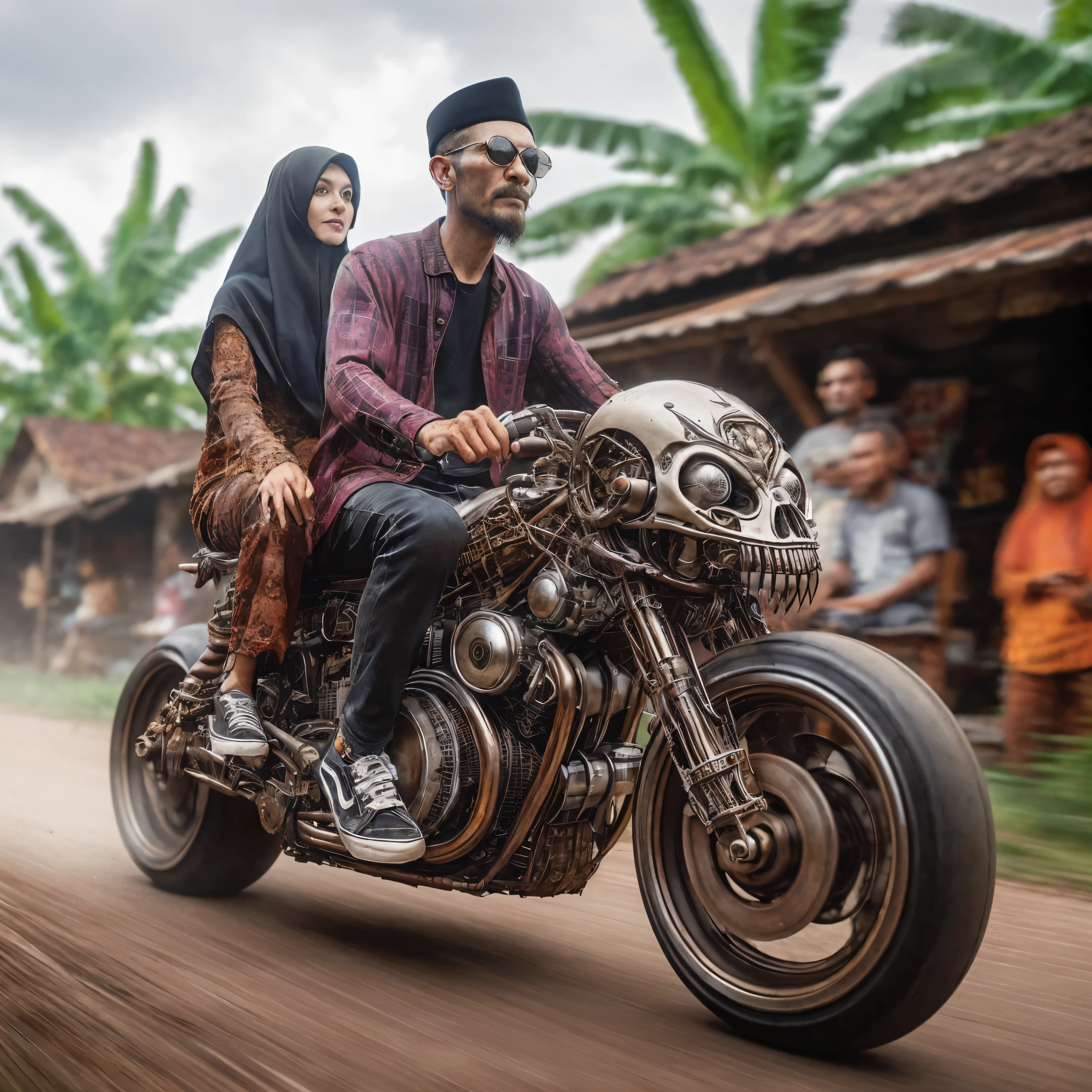 they are riding on a motorcycle with a skull on the front, vans shoes, riding steampunk motorcycle, steampunk motorcycle, motorcycle, hyper realism, riding a futuristic motorcycle, biker, super realism, badass composition, ultra HD, 8K