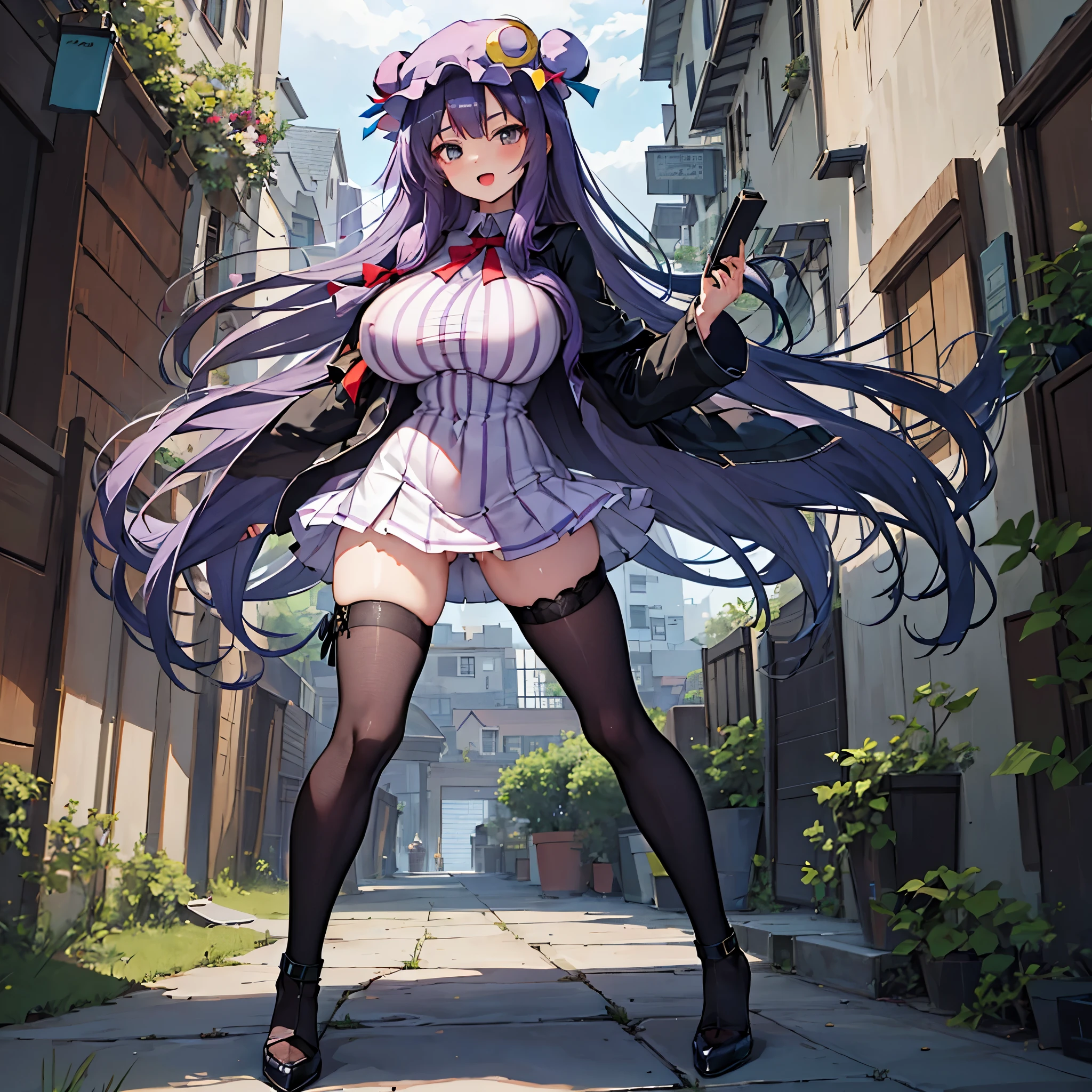 (Patchouli toho character), (standing at lakeside forest), outside, (standing with open legs wide:1.6), (arms behind back), (bending back), tiptoe, pigeon toed, BREAK, (disproportionately gigantic huge breasts:1.2), inconceivably thin waist, very short torso, (thin long legs apart:1.2), BREAK, very short miniskirt, thigh gap, (black thighhighs:1.2), highheels, BREAK, smile for viewer, open mouth, nose blush, full body, pussy juice