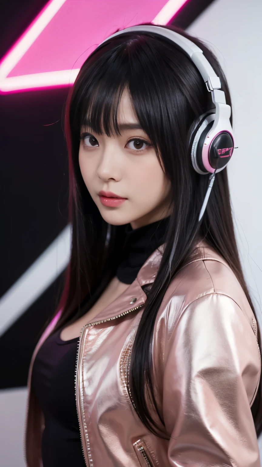Mecha,一个女孩穿着科技Feeling的tights,technology headphones,科技Feeling,High heel,,human research reports,Metallic luster,tights,Leather jacket,colorful,cold,Feeling,Ray tracing,全身覆盖紧身Leather jacket,close up,masterpiece,best quality,pink,White