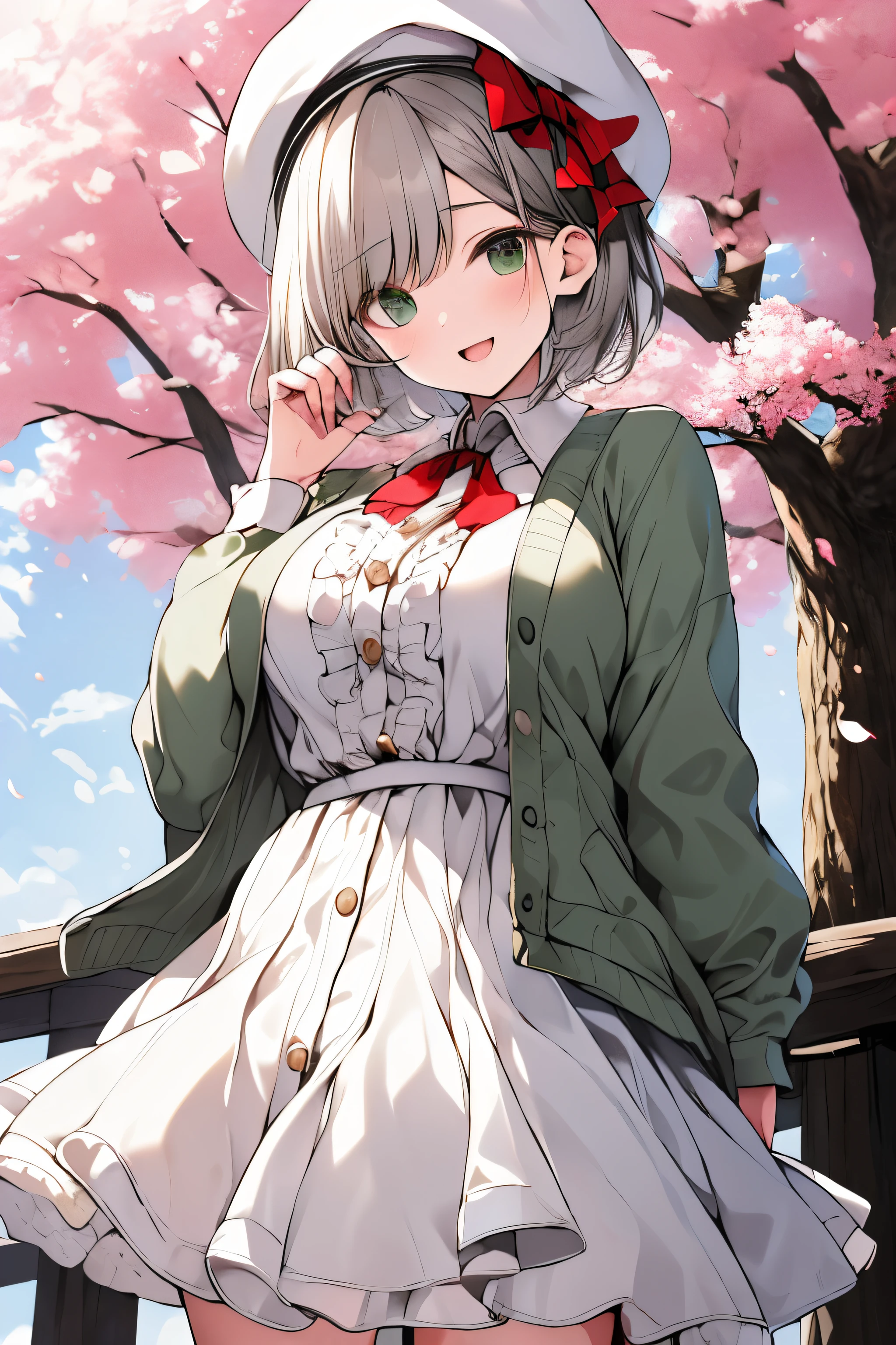 masterpiece, best quality, highres, hmkm1, short hair, white headwear, light gray hair, green eyes, beret, red cardigan, white dress, frills, ribbon, long sleeves, open clothes, medium breasts, cowboy shot, standing, cherry blossoms, outdoors