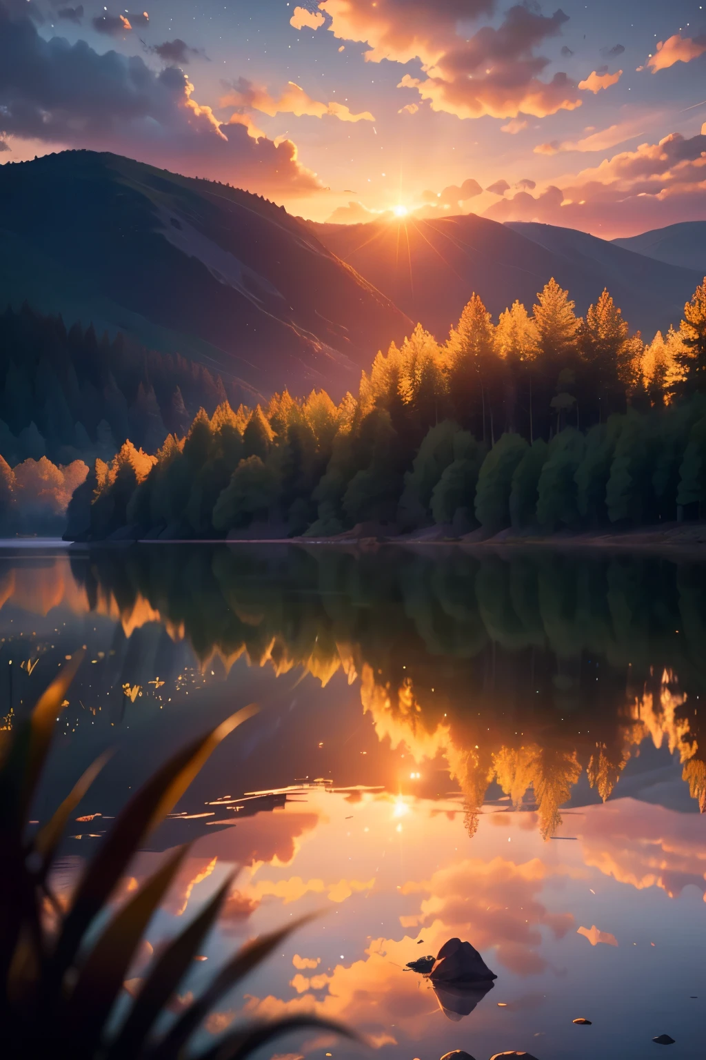 summer, lake, dawn, forest, cloud, dawn background, Depth of bounds written, HD detail, hyper detail, cinematic, soft light, deep field focus bokeh, ray tracing, Spread (ultra-fine glass reflection) and realism