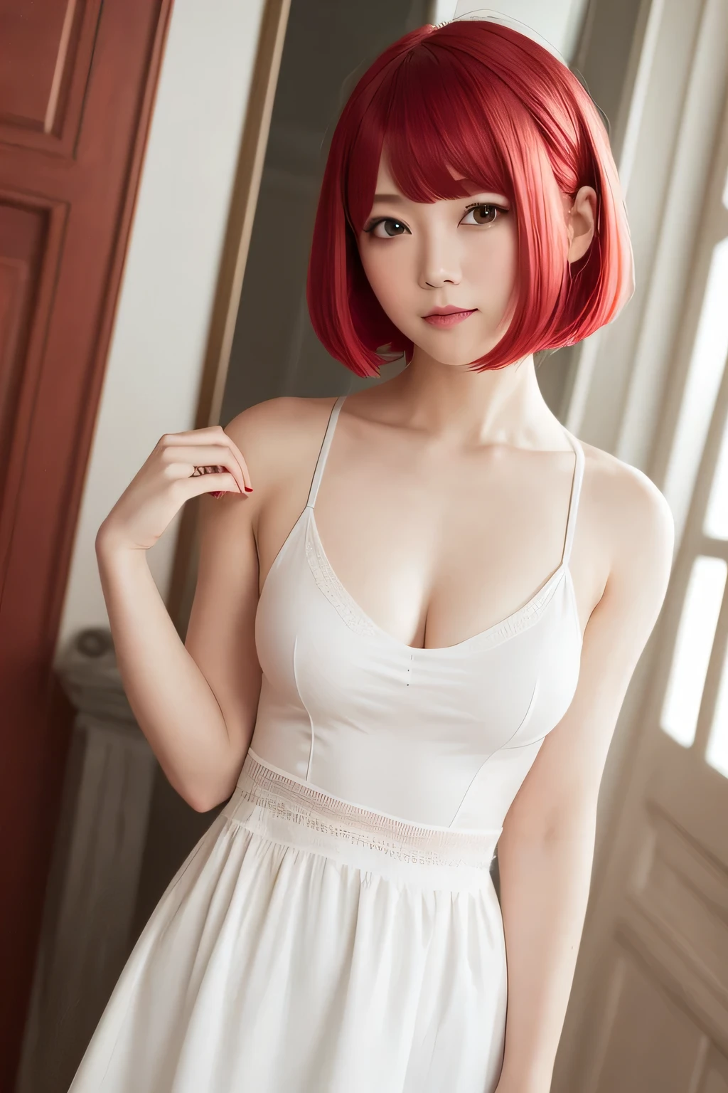 white camisole、whole body、Photo taken from below、one beautiful maid、((red hair long bob hair))、indoor