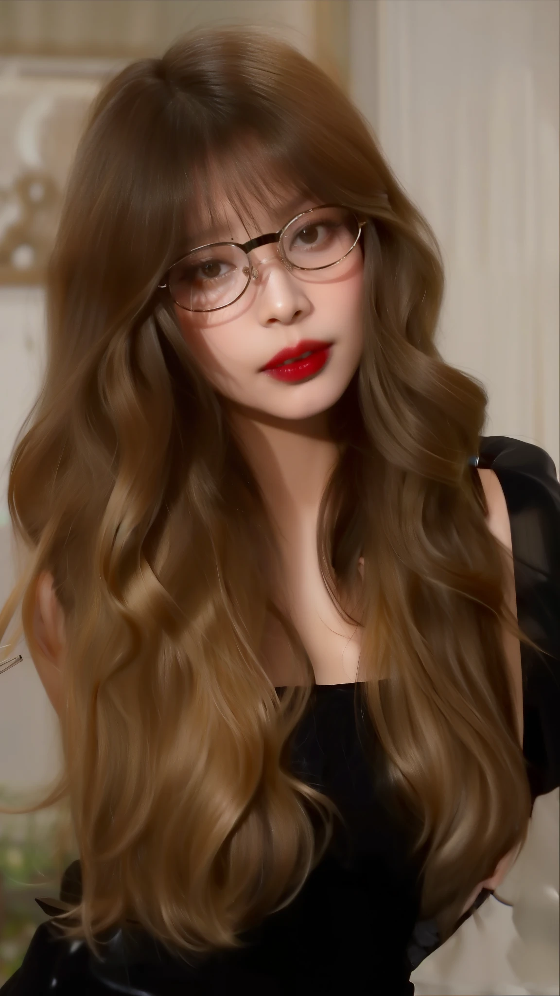 puffy woman with glasses and red lipstick wearing a black dress, brown cabelo longo com franja, cabelo castanho claro longo e ondulado, cabelo castanho com franja, cabelos castanhos longos e ondulados, cabelo longo com franja, cabelo longo com franja cheia, cabelo castanho e franja, cabelos castanhos longos e ondulados, long wavy black hair and glasses, em uma mistura de estilo de botticelli