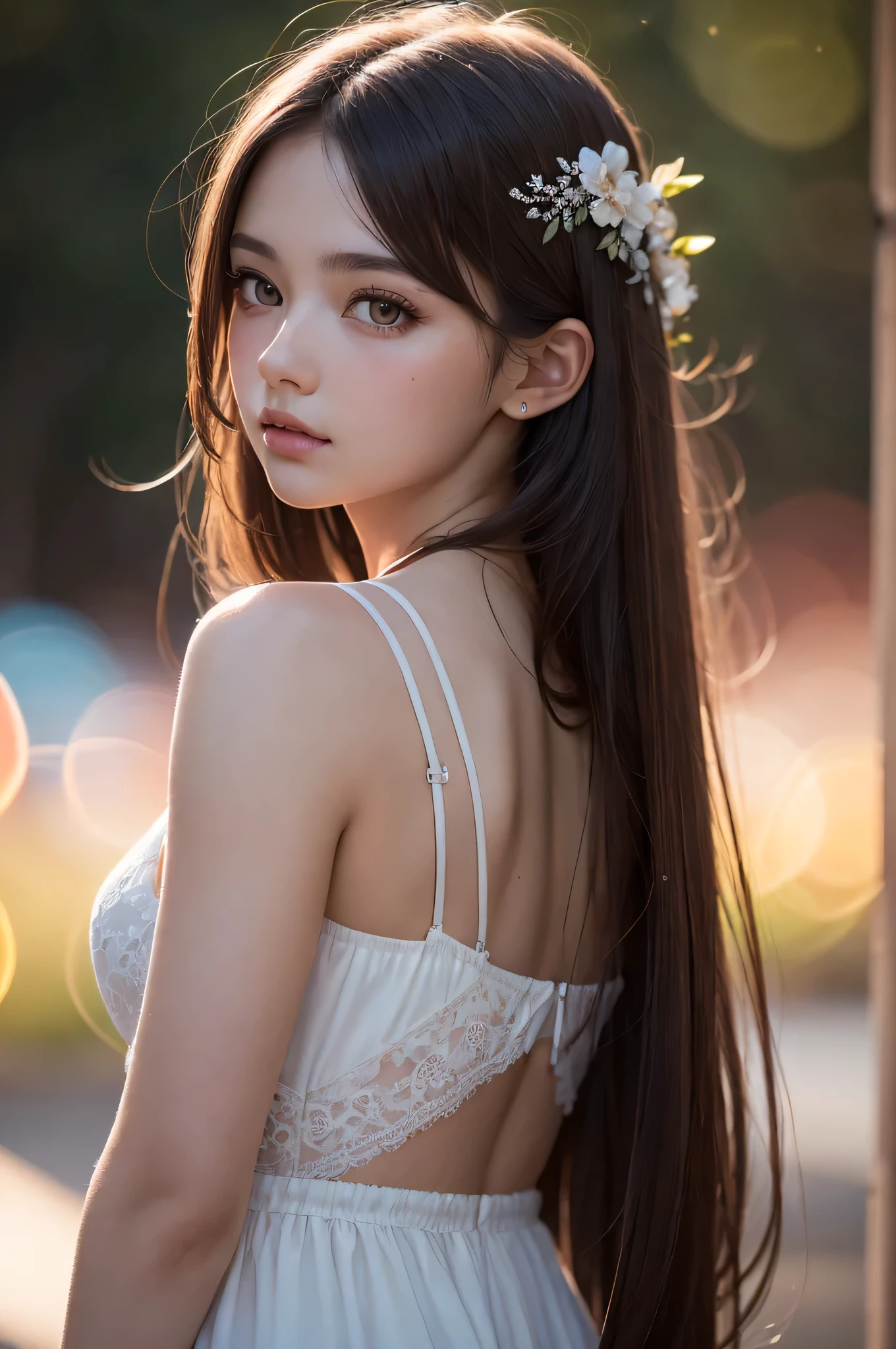 (best quality), (ultra-detailed), (llustration), (detailed light), (an extremely delicate and beautiful), 1young girl, long hair, brown hair, brown eyes, model, best quality, extremely detailed CG unified 8k wallpaper, High-definition raw color photos, professional photograpy, (((Bokeh))), depth of fields,