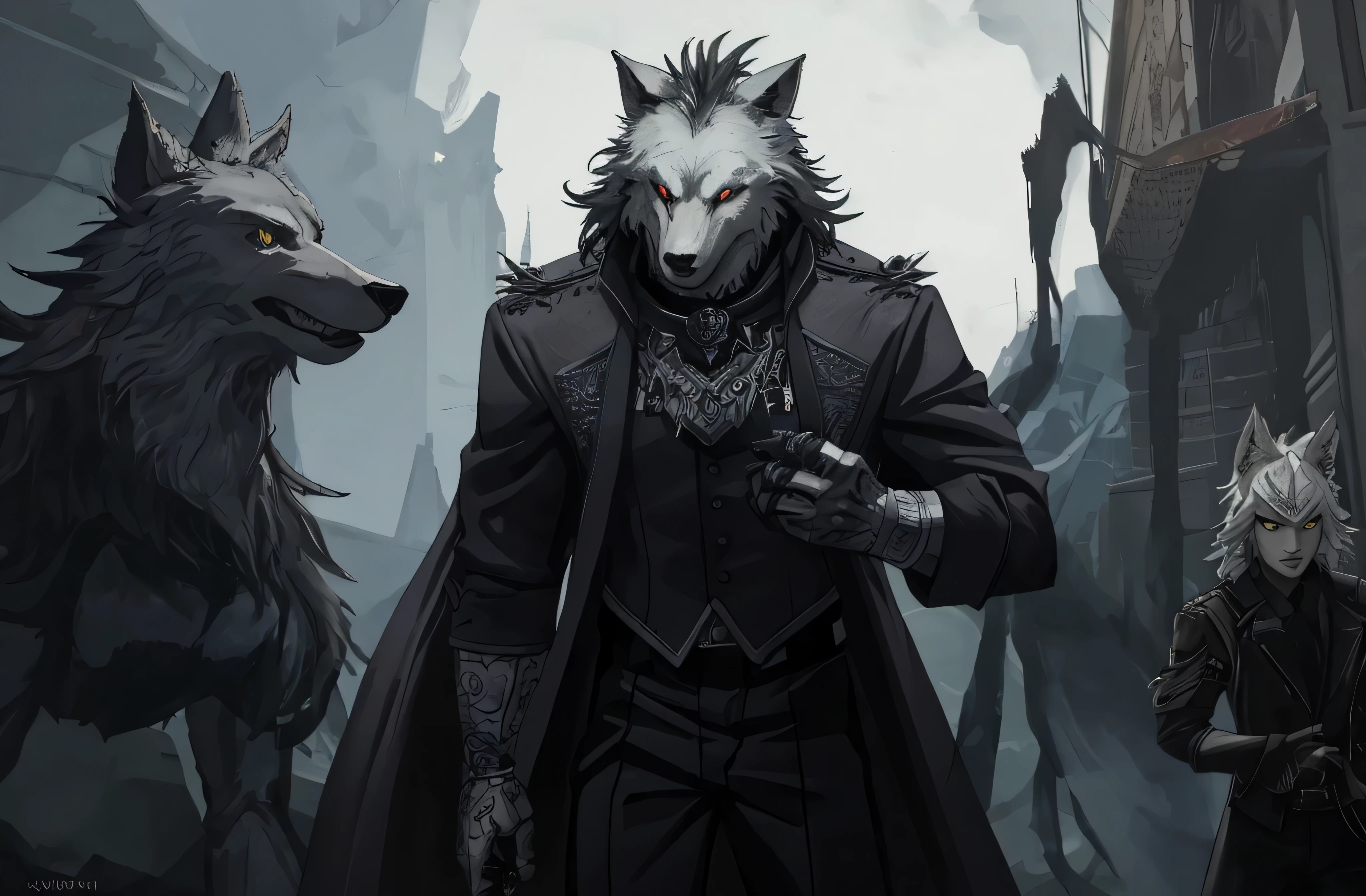 um close de uma pessoa com um casaco preto e um lobo, an anthropomorphic wolf, Grim - Lobo, Armadura do Lobo, um lobo antro, Lobo preto, anthropomorphic wolf, grande lobo, armadura de pele preta, Fenrir, retrato de lobo fantasia, lobo peludo, arte de estilo fantasia sombria, anthropomorphic wolf male