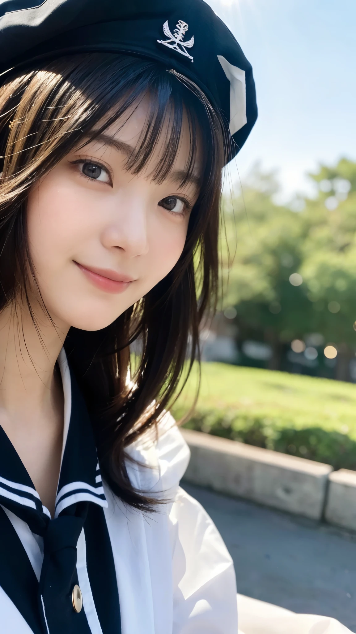 (highest quality,masterpiece:1.3,ultra high resolution),(Super detailed,caustics,16k),(photorealistic:1.4,RAW shooting),ultra-realistic capture,close-up of human skin,natural skin texture,Pores are detailed enough to be easily identified,Healthy skin and even tone,Use natural light and color,18-year-old,Japanese,cute,Sailor Cap,black long hair,Smiling and looking at the camera,(sailor suit),sit,big breasts,shot from the waist up,(face focus:1.3),(Face close-up:1.3),(low position:1.4),(Low - Angle:1.4),sun,Lens flare,blue sky,