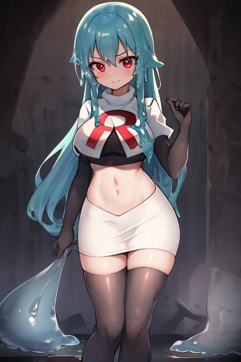 a girl with long hair, looking at camera, slime girl, cinematic lighting, red eyes, seductive look, transparent body, team rocket,team rocket uniform,white skirt,crop top,black thigh-highs,black elbow gloves