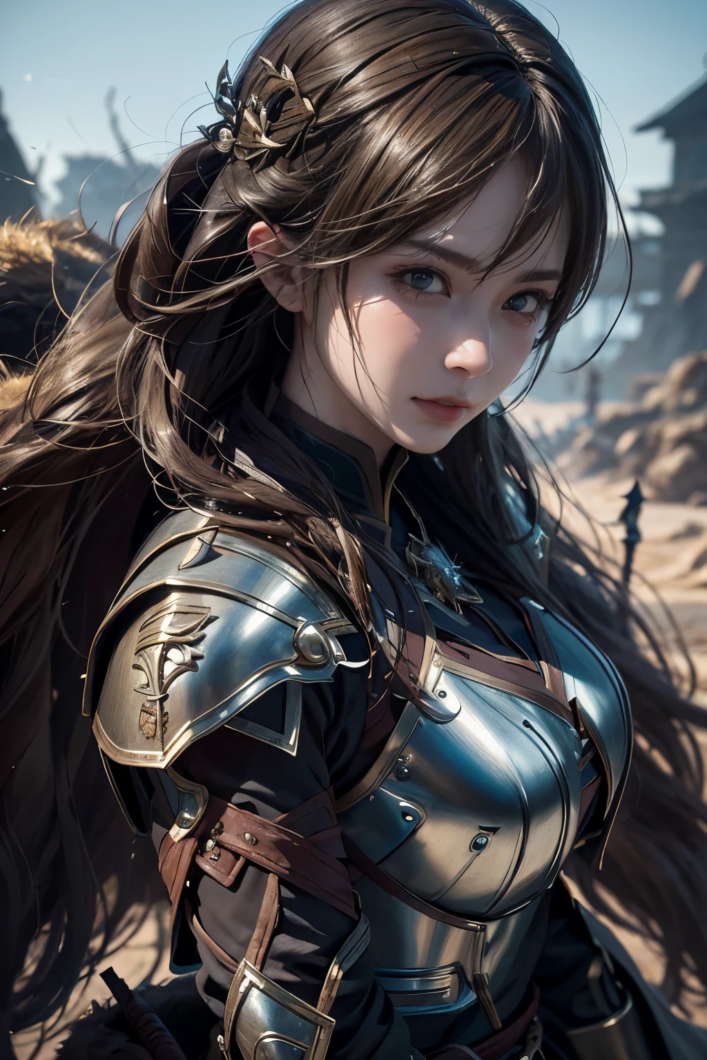 Game art，The best picture quality，Highest resolution，8K，(A bust photograph)，(Portrait)，(Head close-up:1.5)，(Rule of thirds)，Unreal Engine 5 rendering works， (The Girl of the Future)，(Female Warrior)， 
20岁少女，((Hunter))，An eye rich in detail，(Big breasts)，优雅高贵，冷漠，勇敢的，
（Medieval-style fur combat clothing，Glowing magic lines，Animal skin clothing with rich details），Medieval Lady Knight，Medieval ranger，
拍照姿势，简单背景，Movie lights，Ray tracing，Game CG，((3D Unreal Engine))，oc渲染反射纹